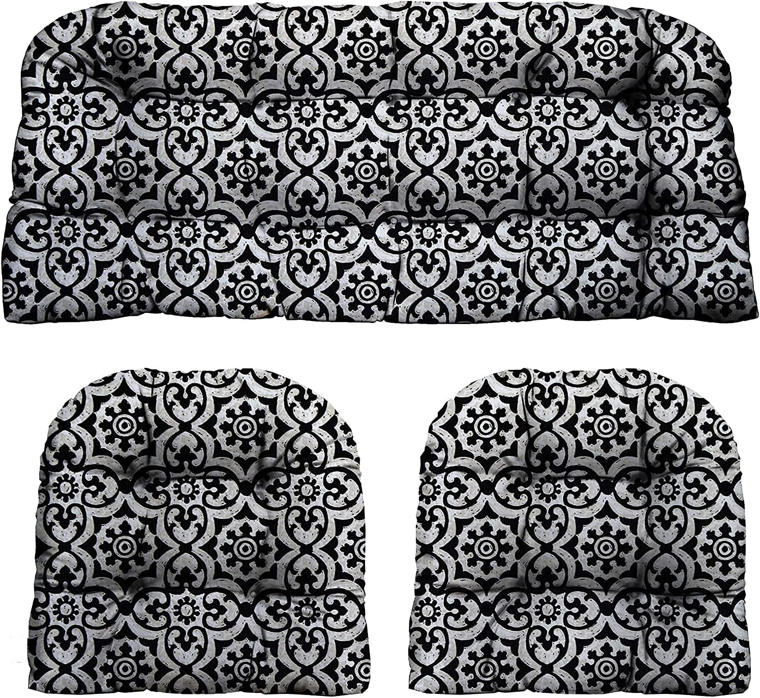 3 Piece Tufted Wicker Settee  Chair Cushion Set | Indoor/Outdoor Polyester Fabric | Reversible | 1 Loveseat 44” W X 22
