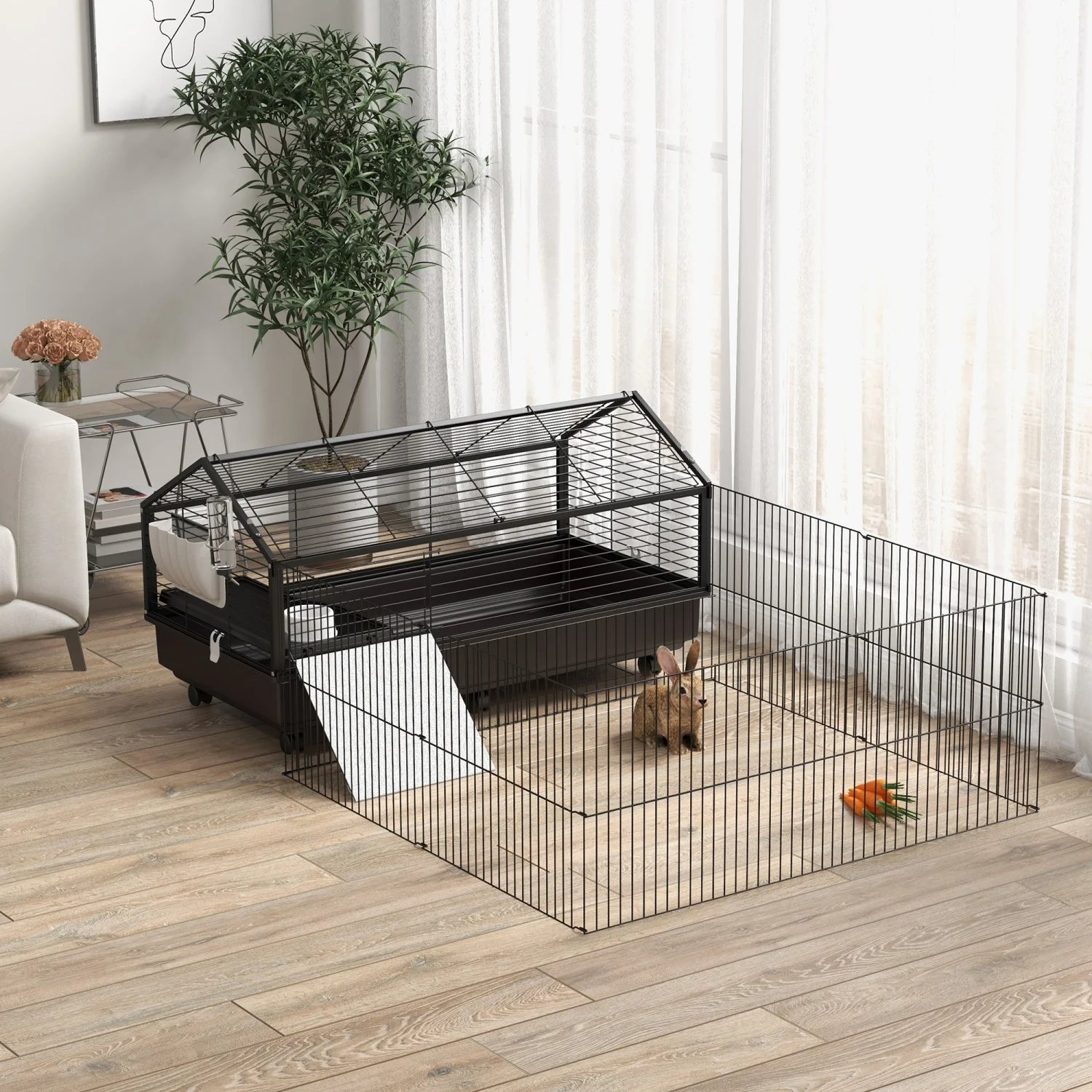JHOOTUUO PawHut Small Animal Cage with Foldable Run Area  Rolling Bunny Cage  Guinea Pig Cage  Hedgehog Cage with Water Bottle  Water Bowl  and Ramps  46.5”