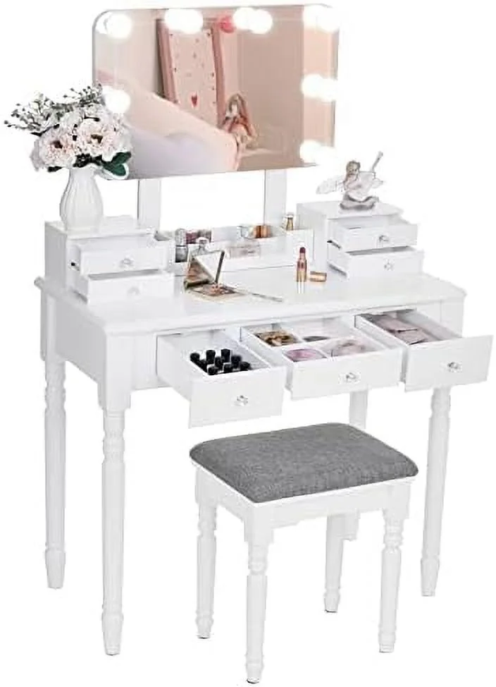 ZFGSUIJN Vanity Desk Vanity Set with Lighted Mirror  Vanity Desk Table Set Large 8 LED Bulbs Frameless Mirror 3 Colors Modes Dimming Cushioned Stool 7 Drawers 3 Dividers White UBDT03W