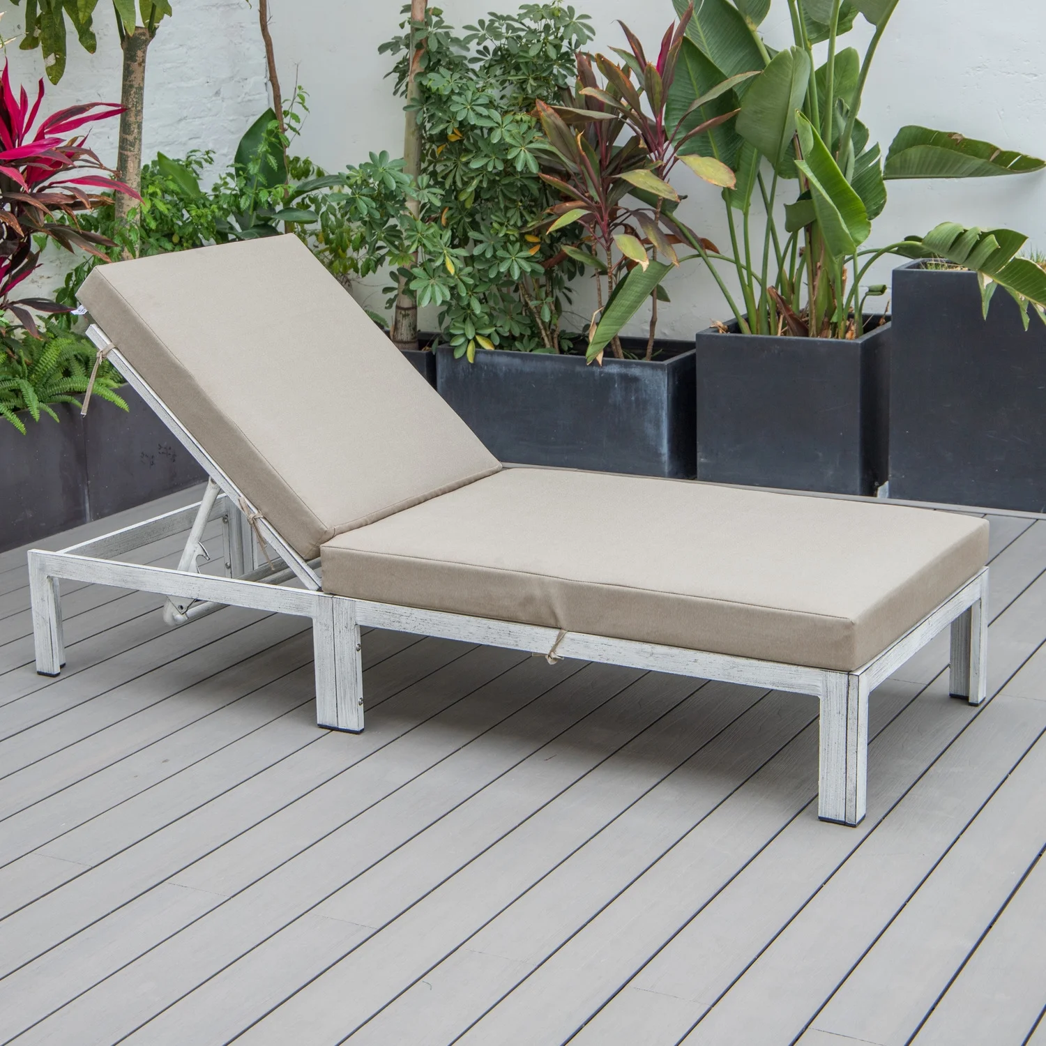 LeisureMod Chelsea Modern Weathered Grey Aluminum Outdoor Patio Chaise Lounge Chair Set of 2 With Orange Cushions