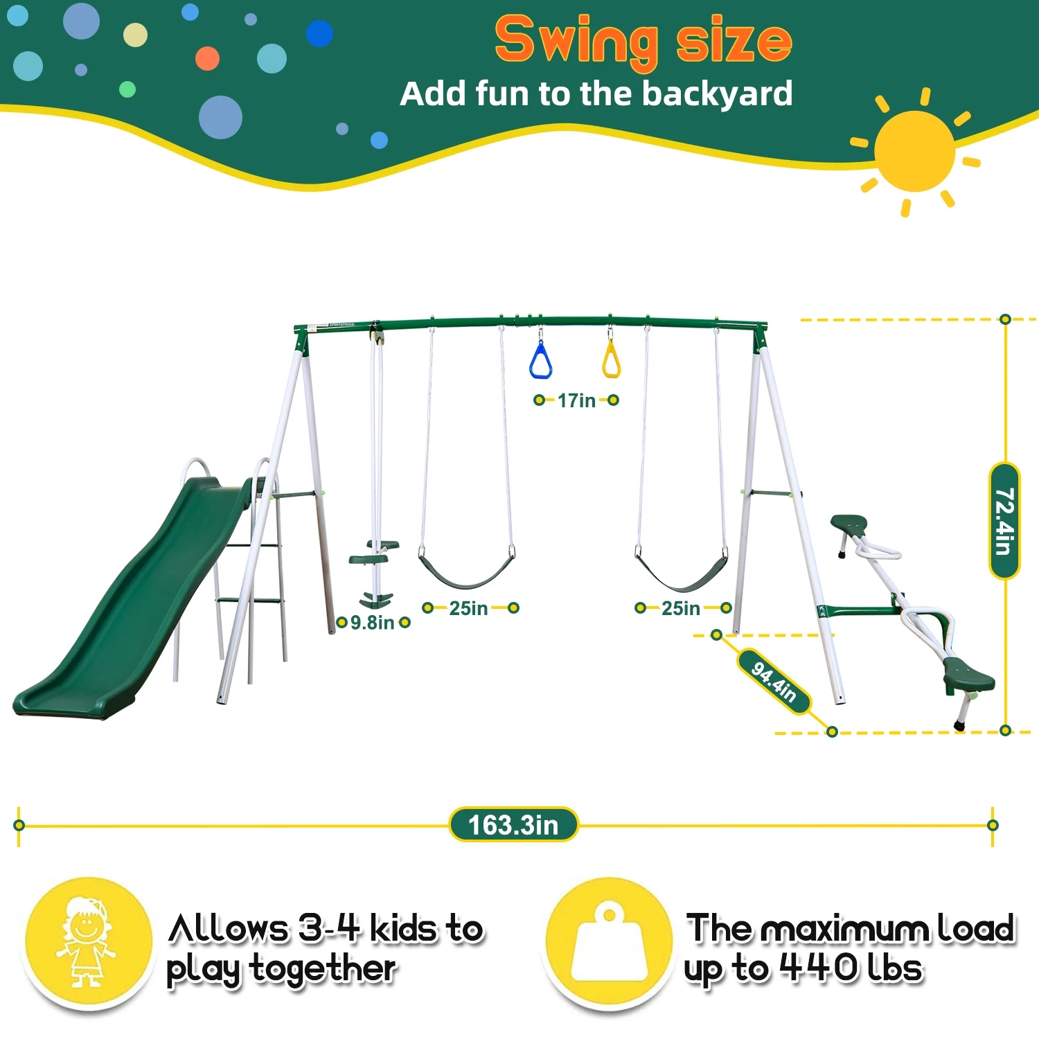 SMkidsport 6 in 1 Multi Functions Swing Set for Backyard, Heavy Duty Metal Playground Set for Kids with Slide, Gymnastic Ring, Two Swing Seats and Seasaw