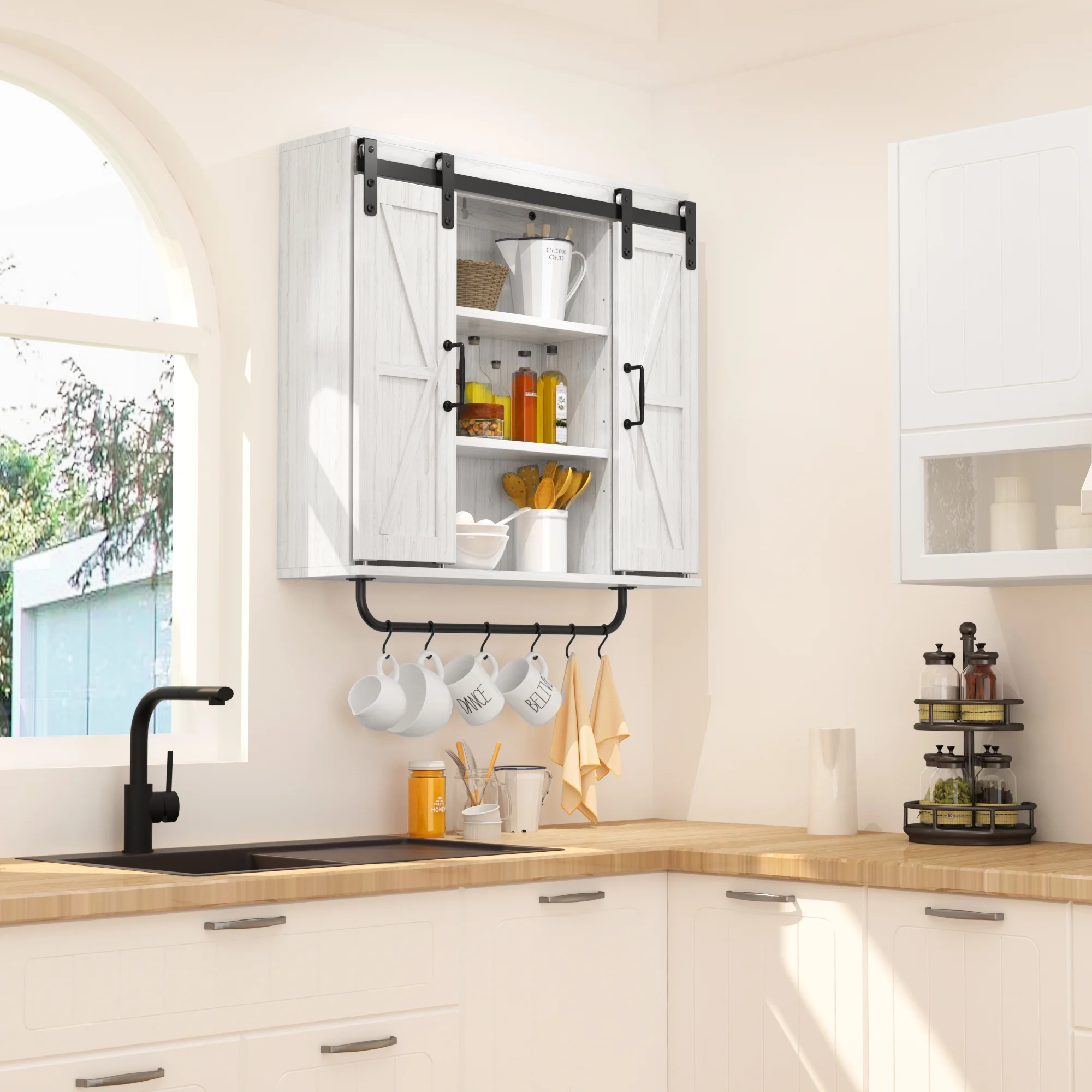 Rustic Wood Wall Storage Cabinet with Two Sliding Barn Door, 3-Tier Decorative Farmhouse Vintage Cabinet for Kitchen Dining, Bathroom, Living Room, Vintage White