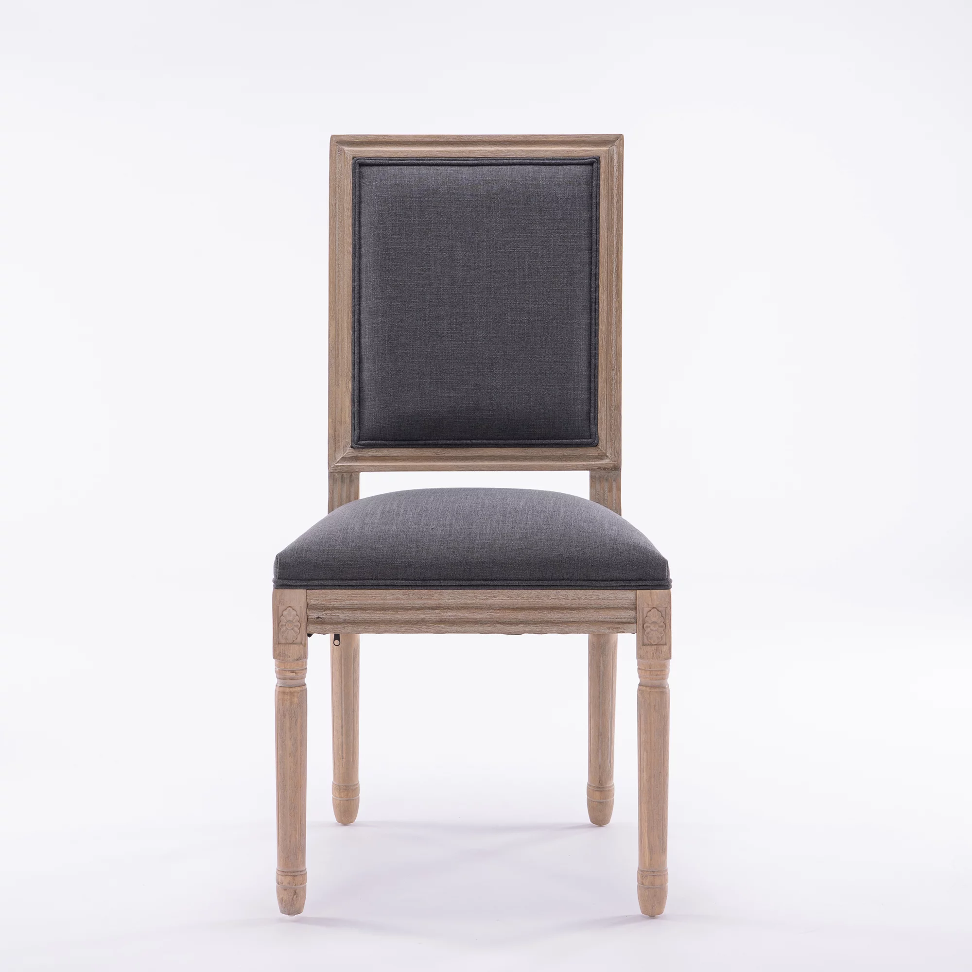 French Style Solid Wood Frame Antique Painting Linen Fabric Square Back Dining Chair,Set of 2,grey