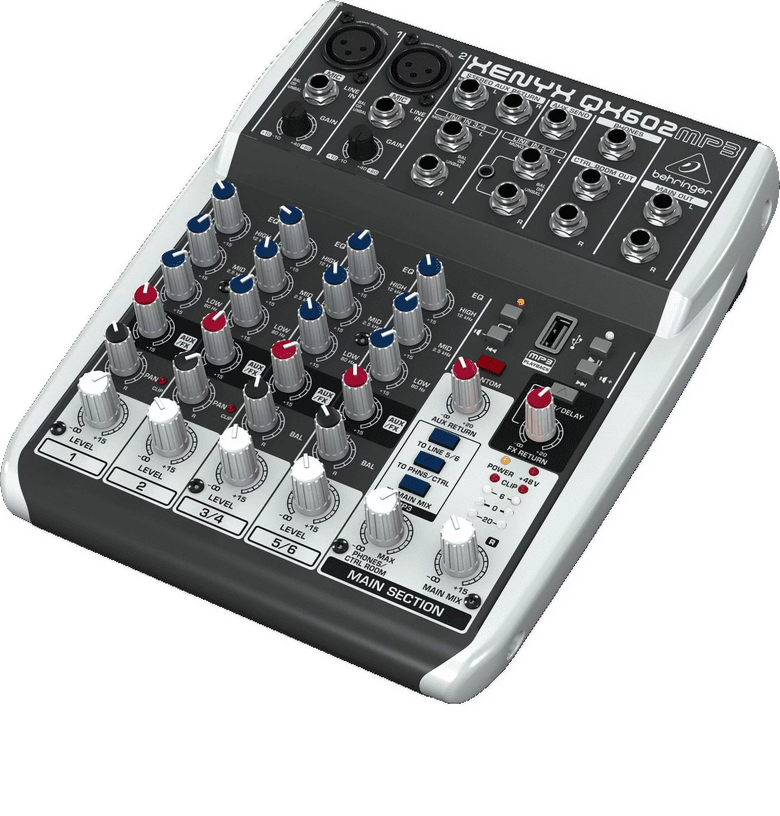 Behringer XENYX QX602MP3 Premium 6-Input 2-Bus Mixer w/ XENYX Mic Preamps, British EQs, MP3 Player & Multi-FX