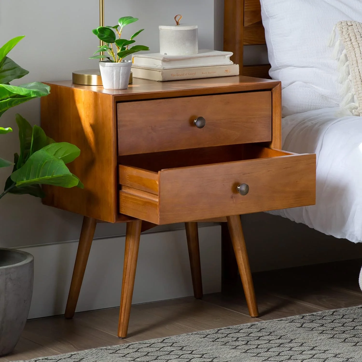 Modern 2-Drawer Solid Wood Nightstands Caramel Finish