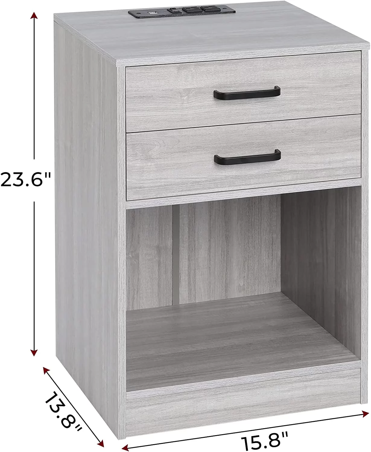 Grey Nightstand Set of 2 with 2 Drawers for Bedroom, End Table Side Stand Cabinet with Charging Station for Living Room