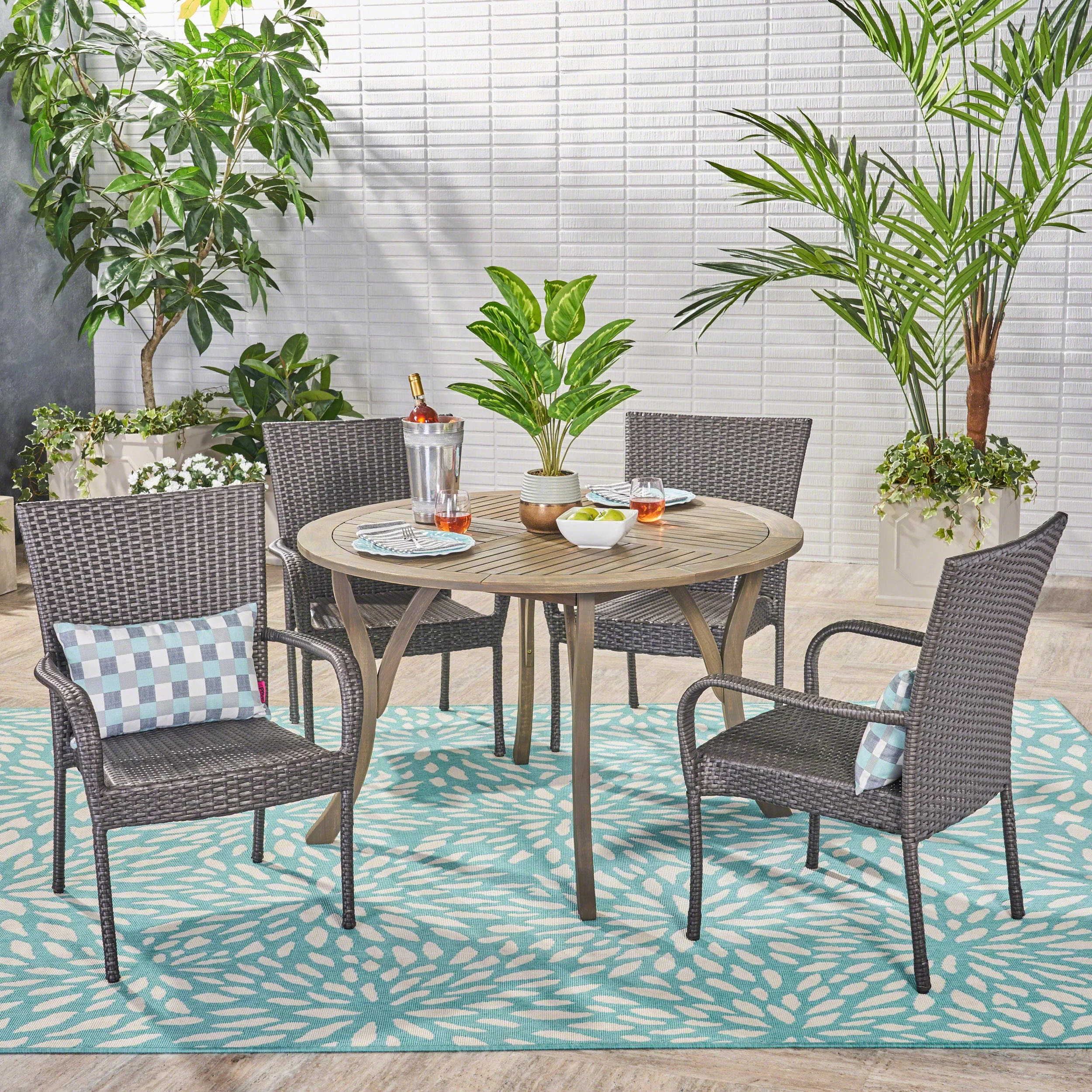 GDF Studio Marrion Outdoor Acacia Wood and Wicker 5 Piece Dining Set, Gray