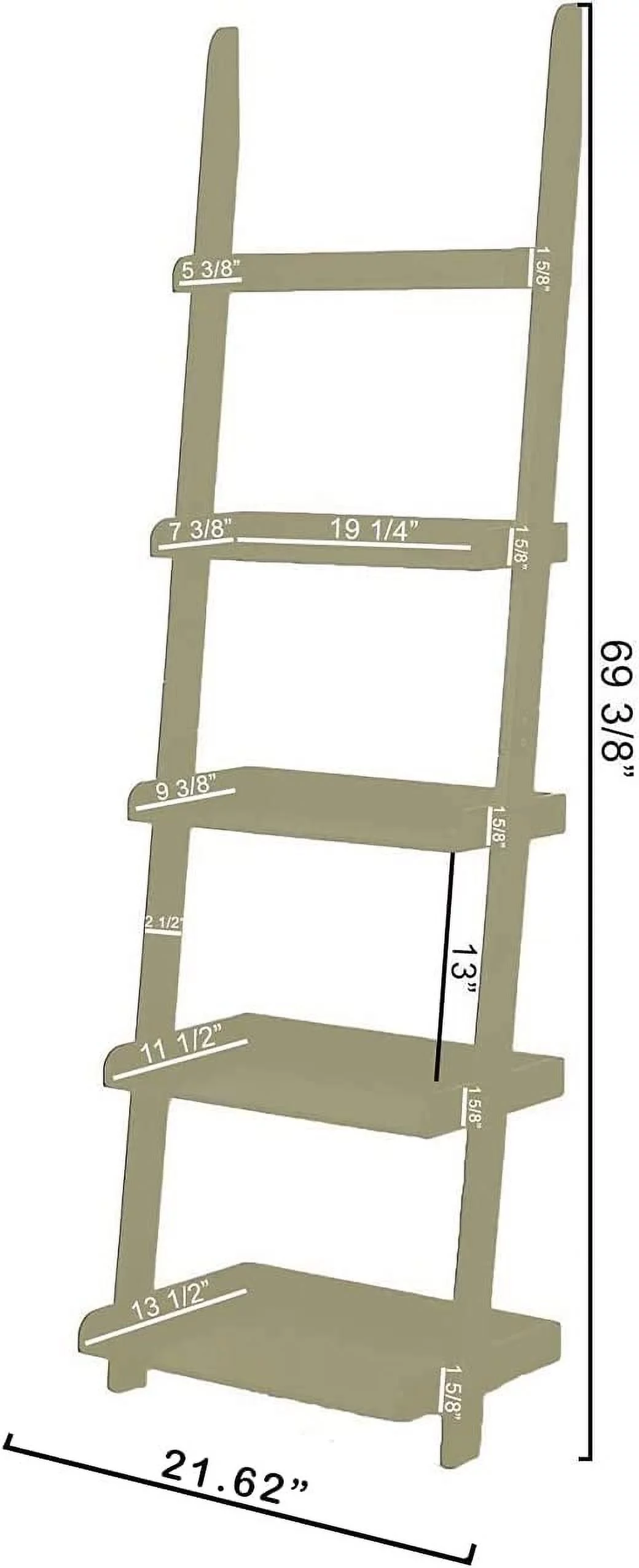 5 Tier Leaning Wall Bookshelf, 70 Inches, White