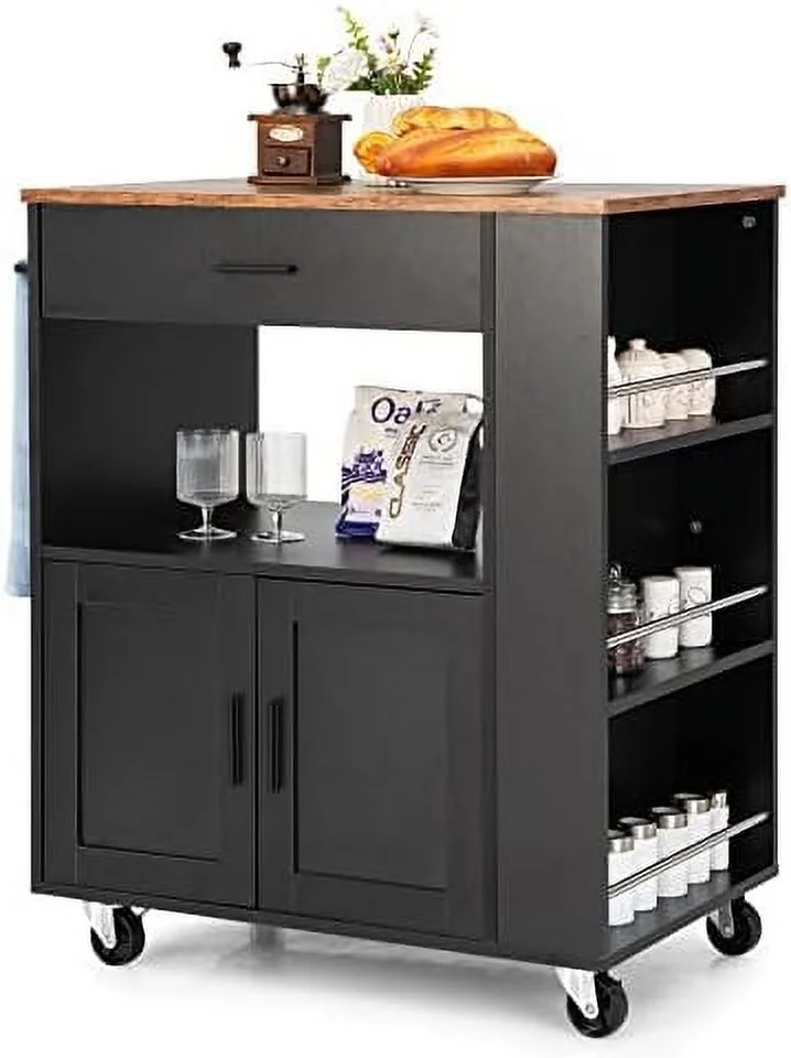 Kitchen Island on Wheels  Rolling Kitchen Trolley with 3 Spice Racks  Drawer  Open Shelf  2-Door Cabinet  Kitchen Serving Cart with Towel Rack & 2 Lockable Casters (Black)