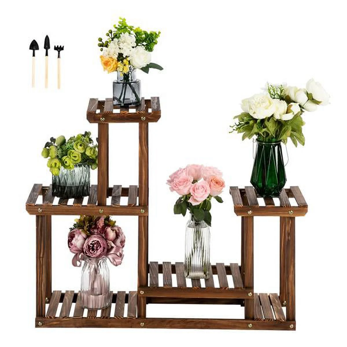 Burufy 2 Tier Plant Stand, Tall Metal Wood Shelf Holder for Indoor Plants, Outdoor Garden Plant Display Rack Flower Pot Stand for Corner Living Room Balcony Garden Patio