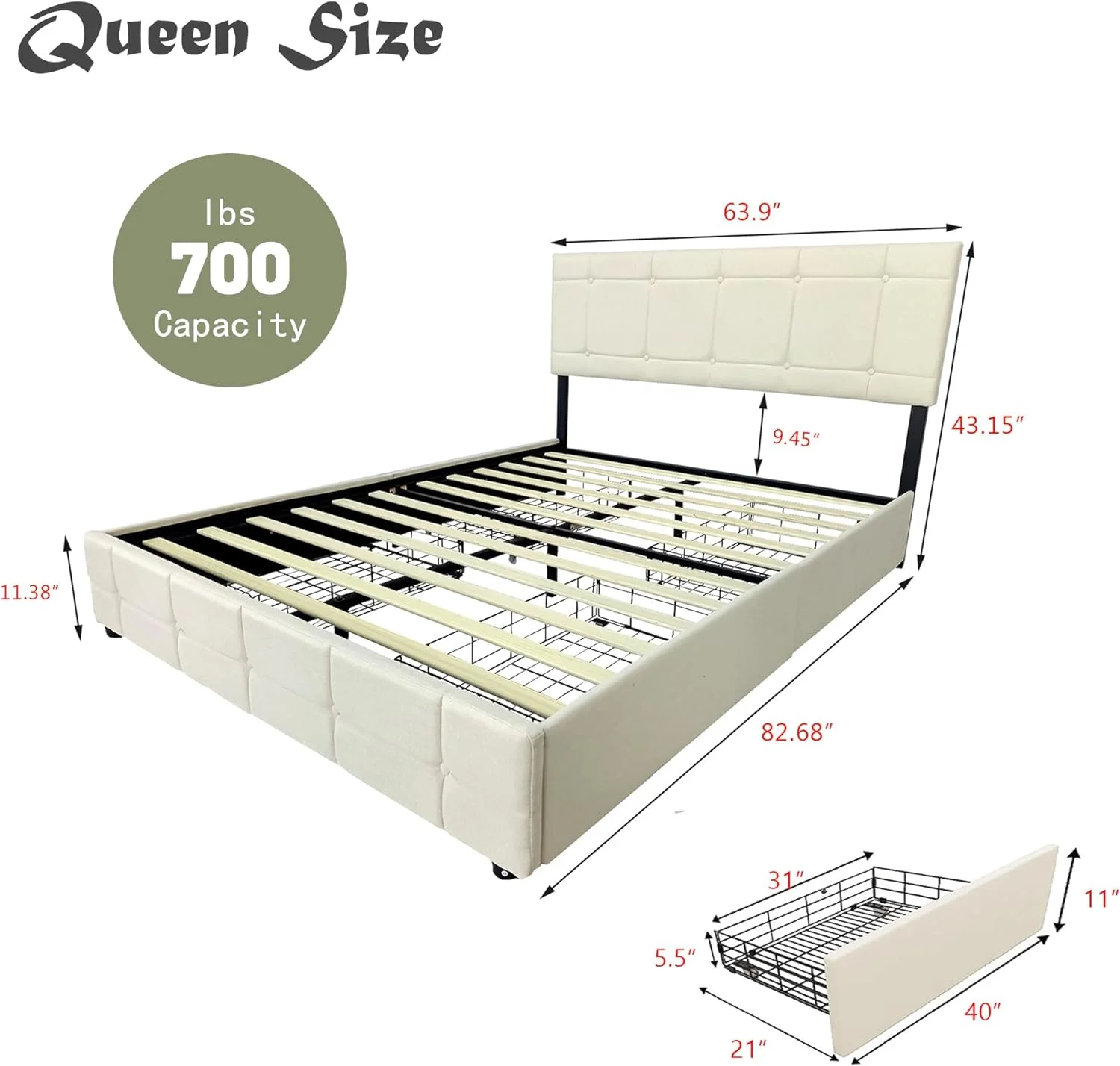 Queen Size Bed Frame with Headboard Linen Upholstered Platform with 4 Storage Drawers Wooden Slats Support Easy Assembly Beige
