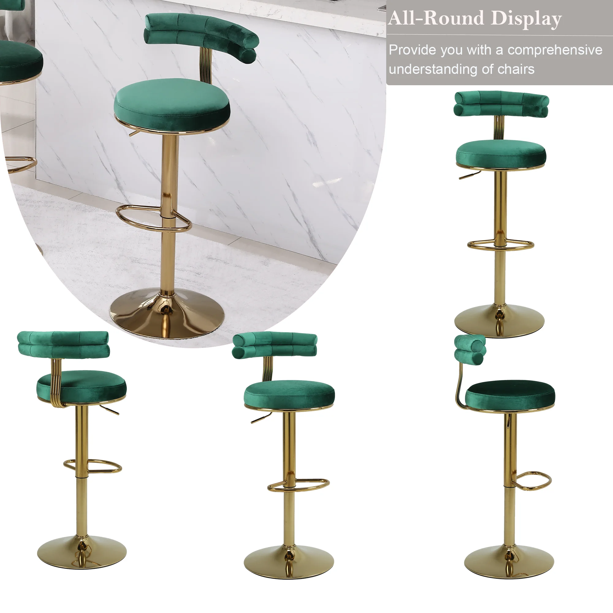 25-33 Inch Velvet Bar Stools, Counter Height Adjustable Swivel Barstools High Bar Chairs with Back and Footrest, Stools Chair with Footrest for Home Kitchen Island, Pub(Green,Set of 4)
