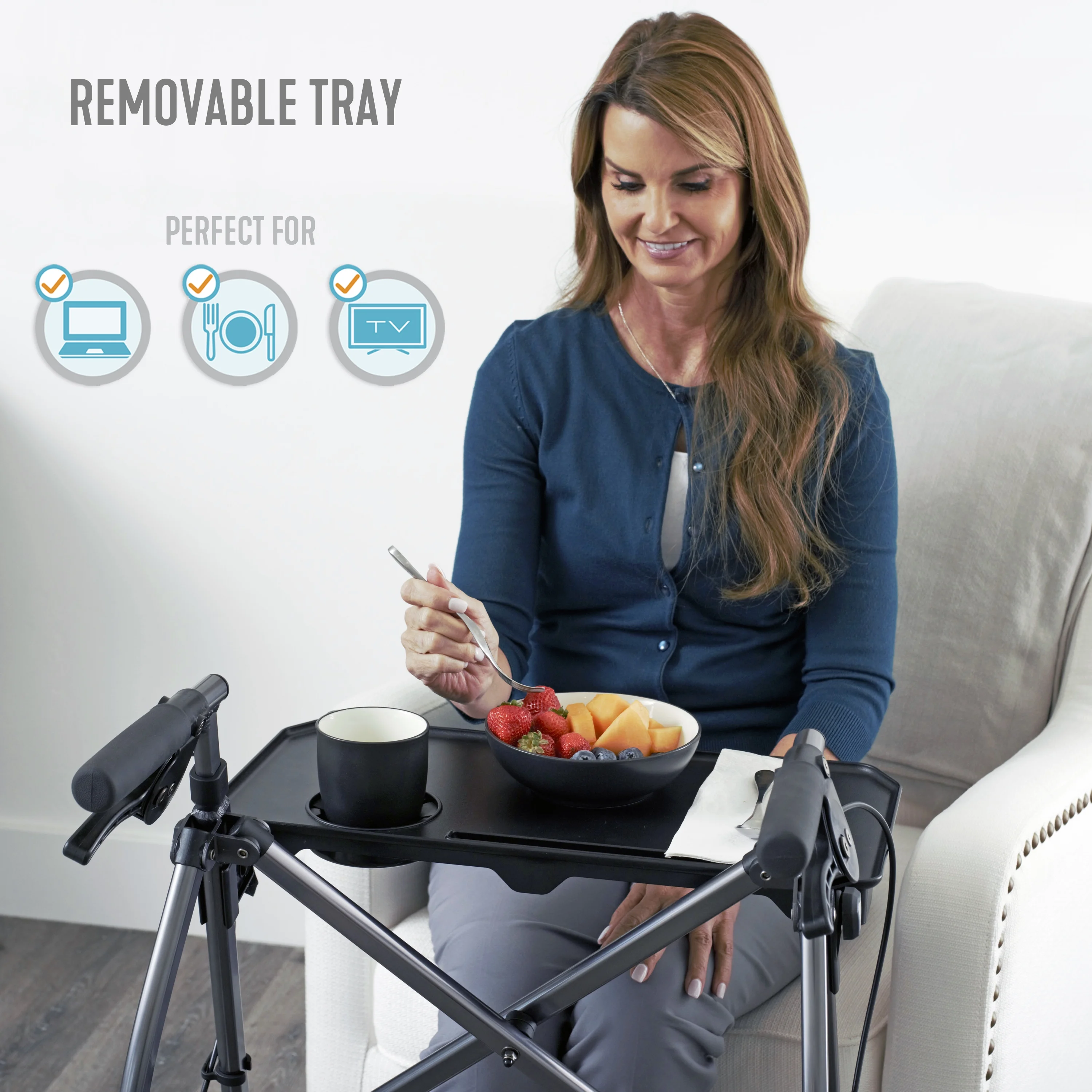 Stander Wonder Indoor Rollator with Tray and Basket, Lightweight Folding Mobility Rolling Walker for Seniors and Adults, Narrow Walker with 6-inch Wheels, Locking Brakes, Black Walnut