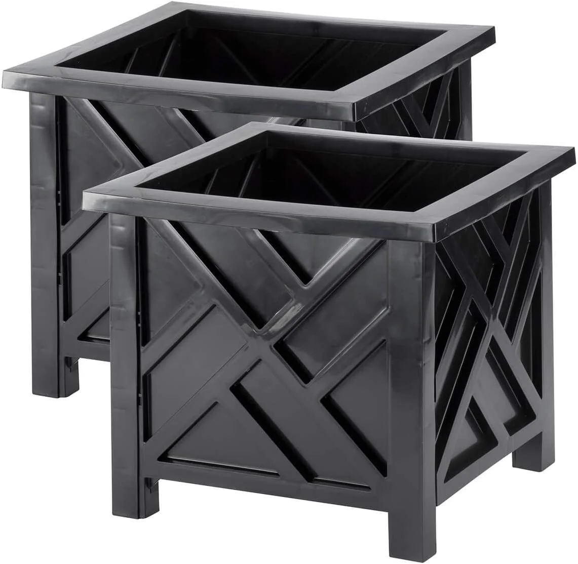 Set Of 2 Chippendale Planter Boxes, Black, Outdoor Décor – Plant Holder For Garden, Patio And Lawn, Weather-Resistant Polypropylene – 14 ¾” Sq. X 13 ¼ H Overall