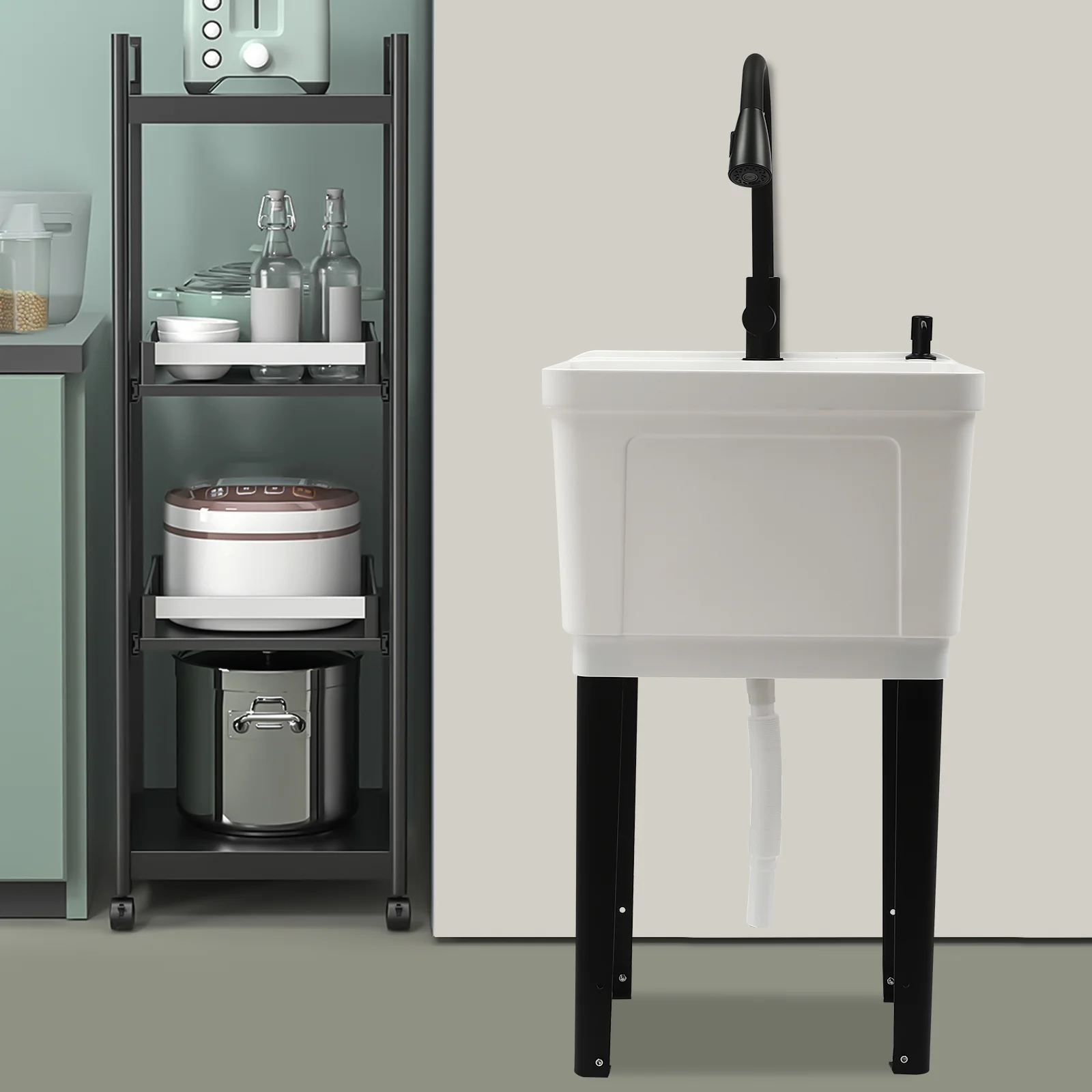 Laundry Sink With High Arc Stainless Steel Pull Down Faucet, Freestanding Space Saving Laundry Tub, Freestanding Wash Station