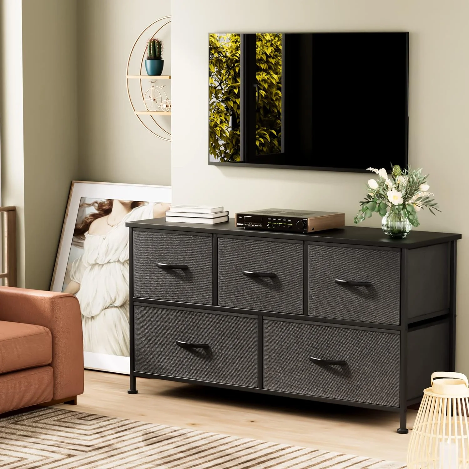 ZFGSUIJN Fabric Dresser TV Stand for Bedroom with 5 Drawers  Wide Chest of Drawers   Organizer Unit with Fabric Bins for Closet  Living Room  Hallway（Black）