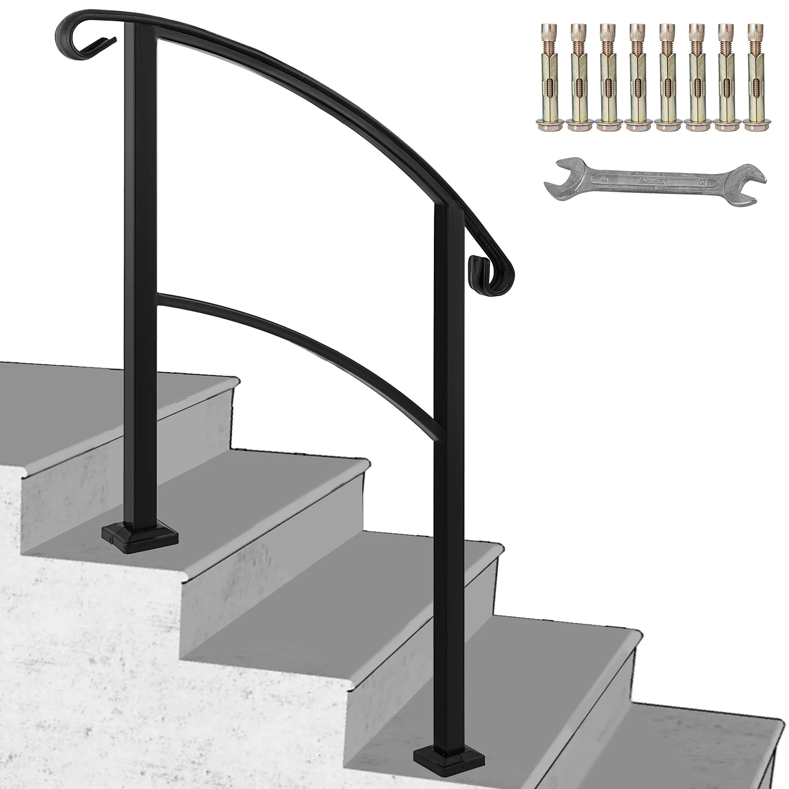 VEVOR 3 Step Iron Handrail for Outdoor Stairs Step Railing Metal Handrail with Installation Kit Hand Rails,Matte Black