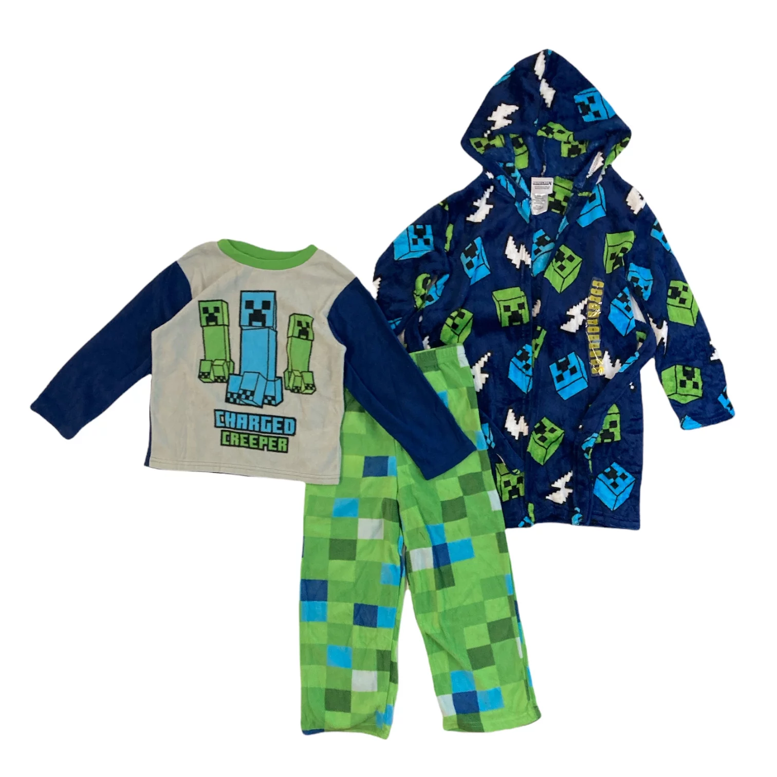 Licensed Boy's Plush Hooded Robe & 2 Piece Pajama Set (Blue Minecraft, 6)