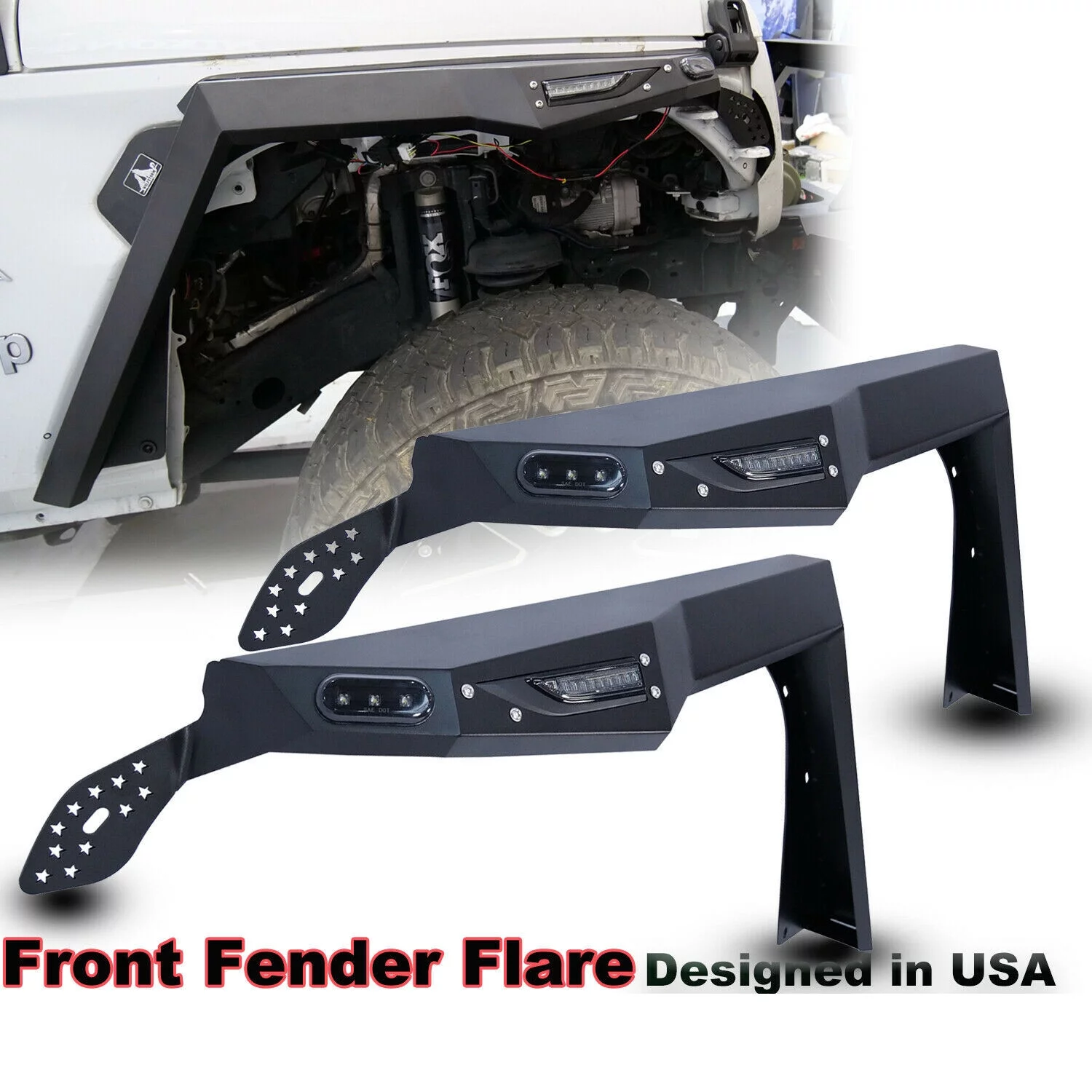 WOLFSTORM Fender Flares for 18-21 Jeep Wrangler JL JLU Front Offroad Powder Coated With LED DRL Lights and Sequential LED Turn Lights 2PCS(Front Fender Flares)