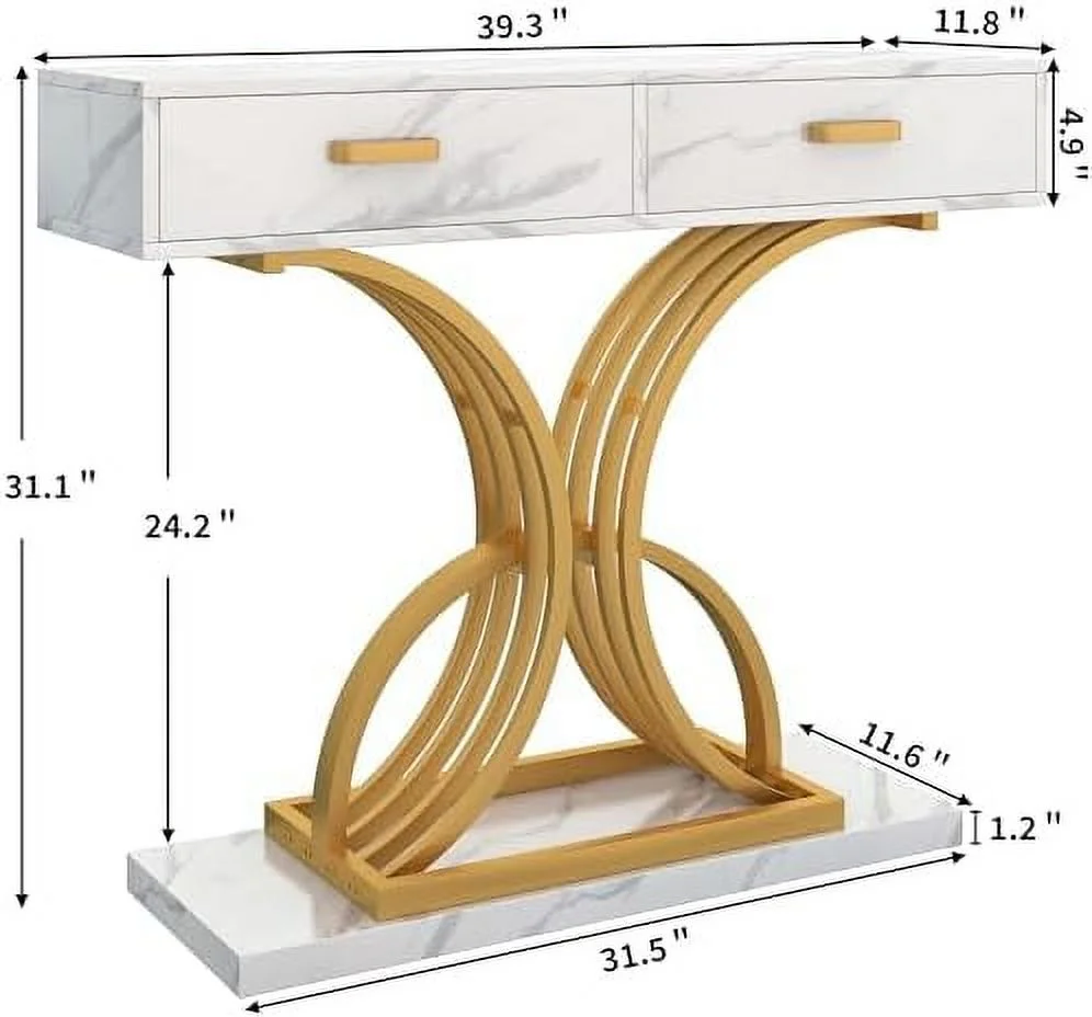 MQLIFEBOOM White Gold Console Table with Two Drawers  39 Inches Modern Entryway Table with   Faux Marble Tabletop Hallway Table with Geometric Gold Legs