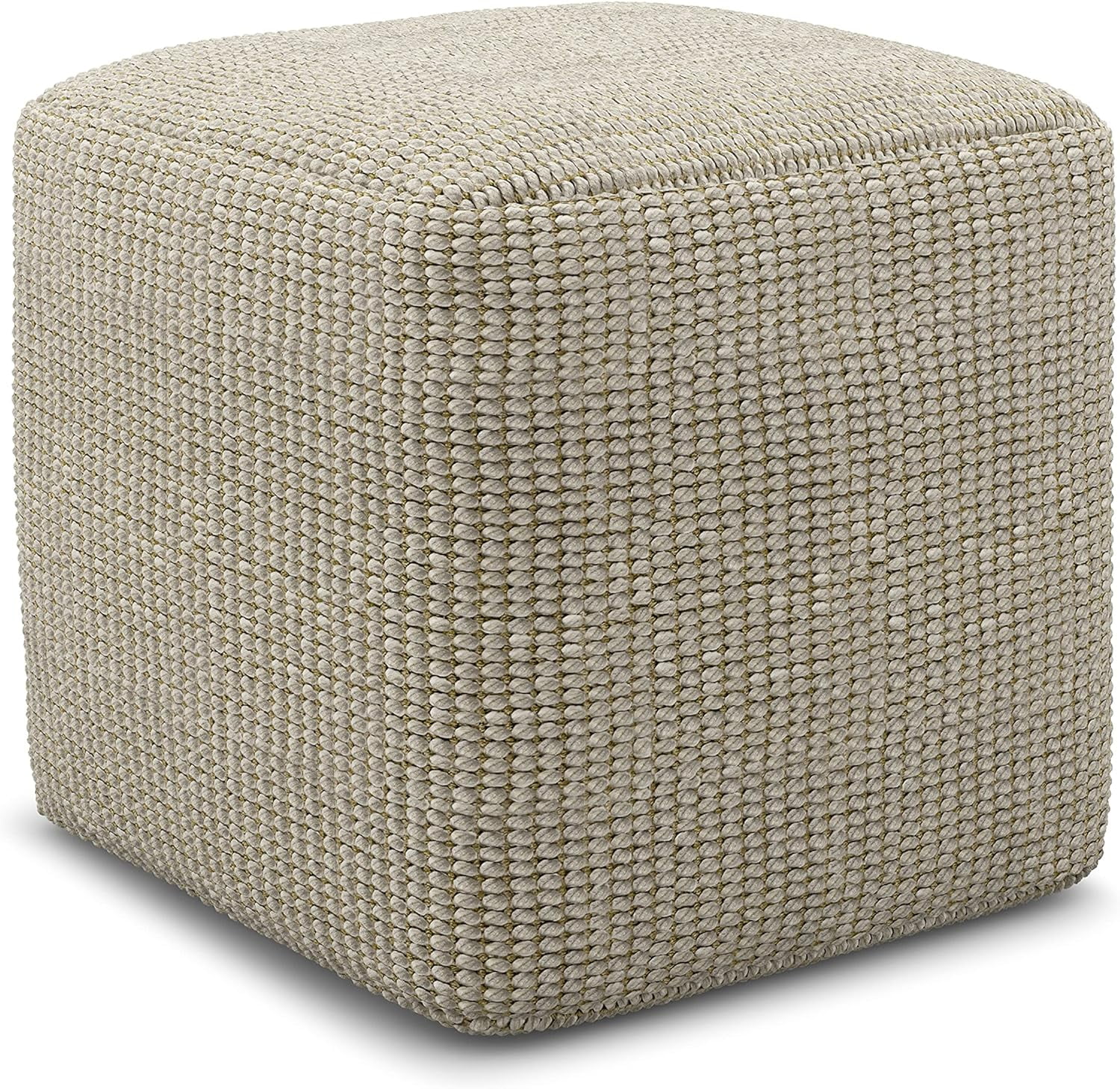 Zelma 18 Inch Boho Square Woven Outdoor/ Indoor Pouf In Cream And Natural Recycled PET Polyester, For The Living Room, Bedroom And