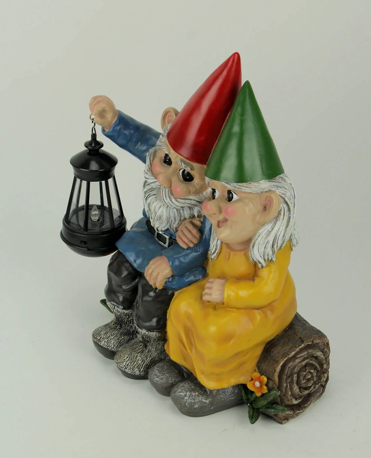 World of Wonders Light of Our Love Gnome Couple Sitting On Log Solar Lantern Statue