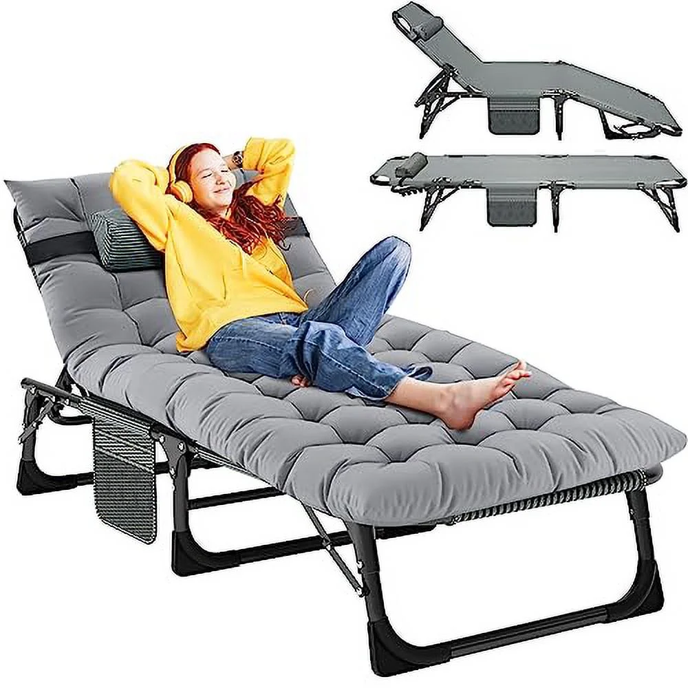 Slsy Folding Chaise Lounge Chair 5 Positions Reclining Camping Chair, Adjustable Sleeping Cot Outdoor Lounge Chairs Perfect for Sunbathing, Camping, Pool, Beach, Patio