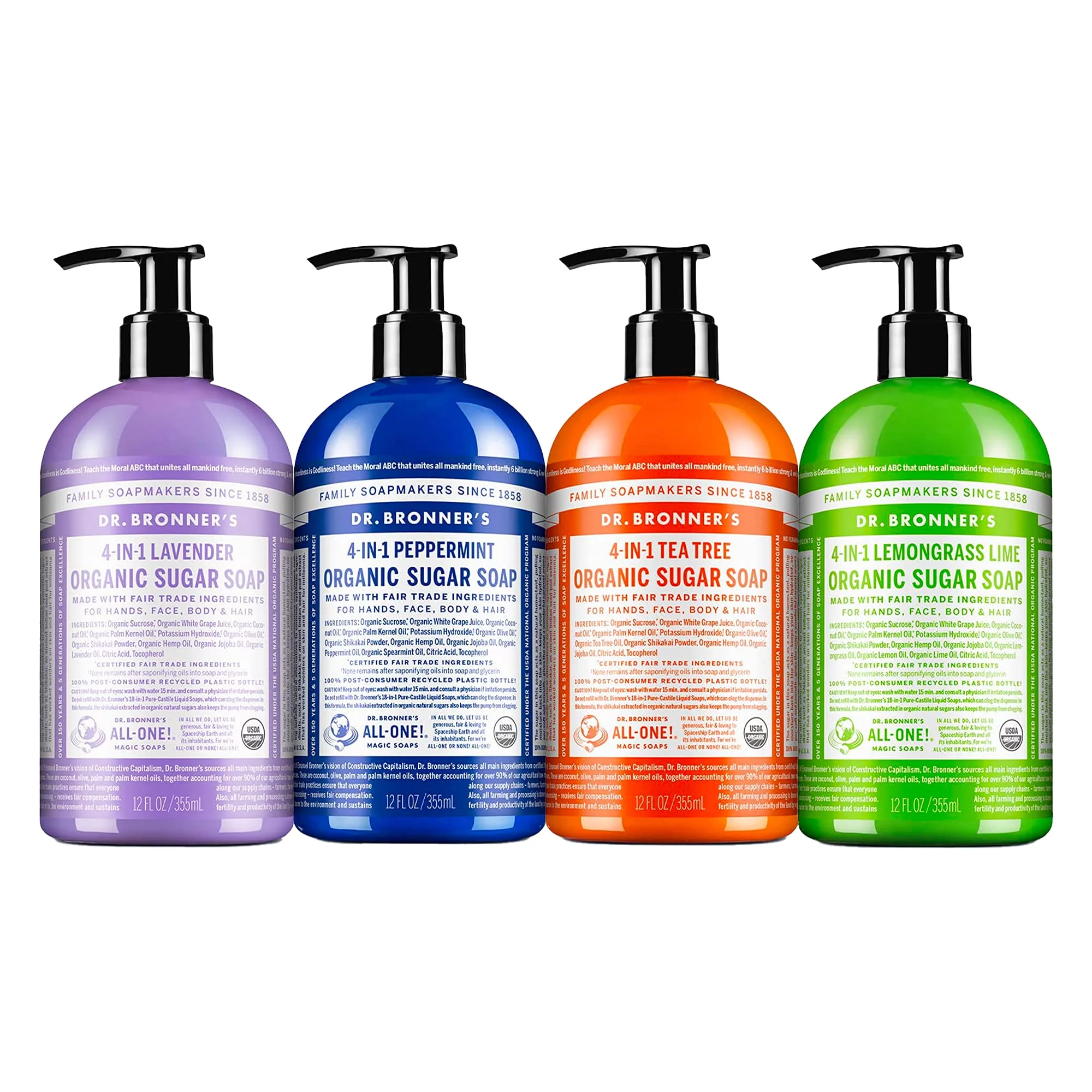 Dr. Bronner,S - Organic Sugar Soap (12 Oz Variety Pack) Lavender, Peppermint, Tea Tree, & Lemongrass - Made With Organic Oils, Sugar & Shikakai Powder, 4-In-1 Use: Hands, Body, Face & Hair, Clean.