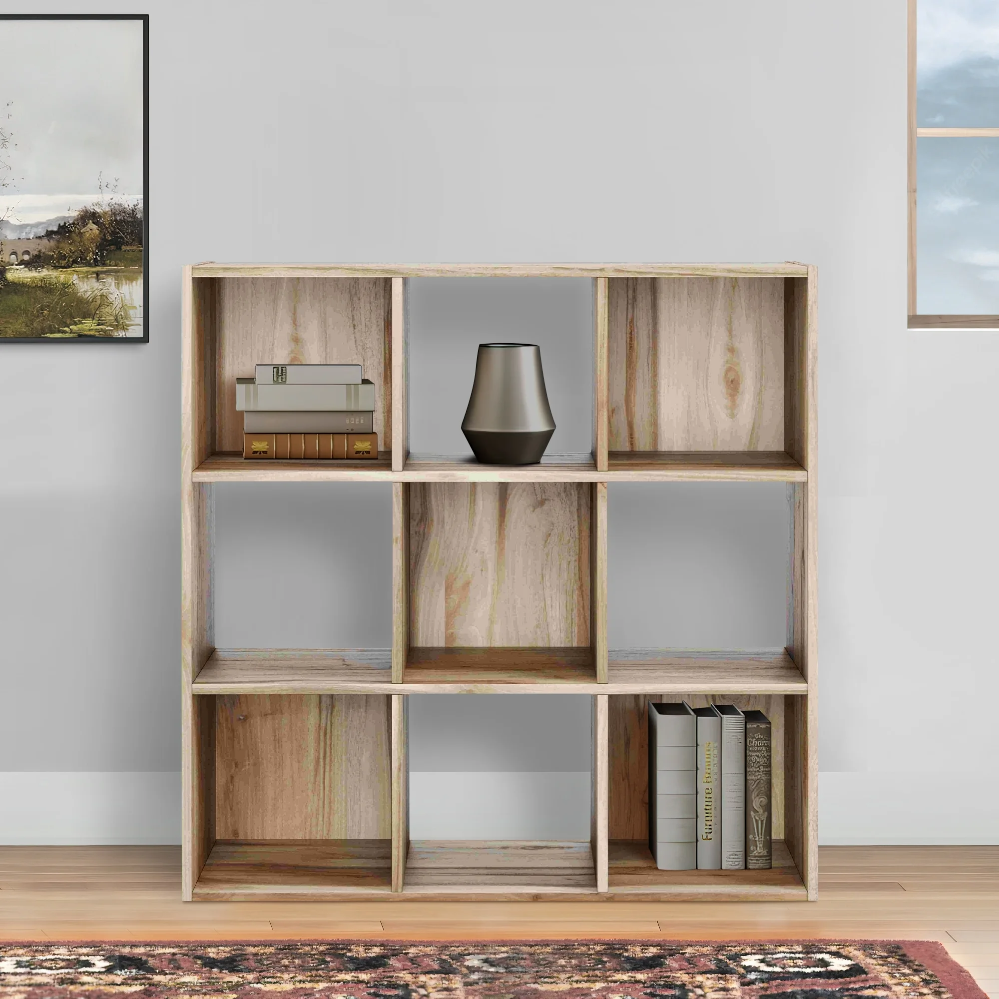 Engineered Wood Organizer, 9 Storage Cubbies, Elm Wood Grains, Warm Brown