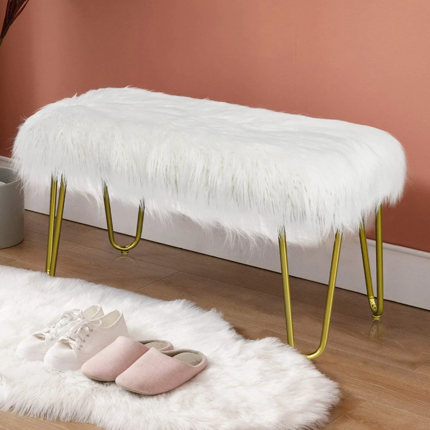 xrboomlife White Faux Fur Plush Bench with Modern Brushed Gold Hairpin Metal Legs  Fluffy Upholstery Stool for Entryway  Living Room  Dining Room  Bedroom and Cloakroom Vanity Chair