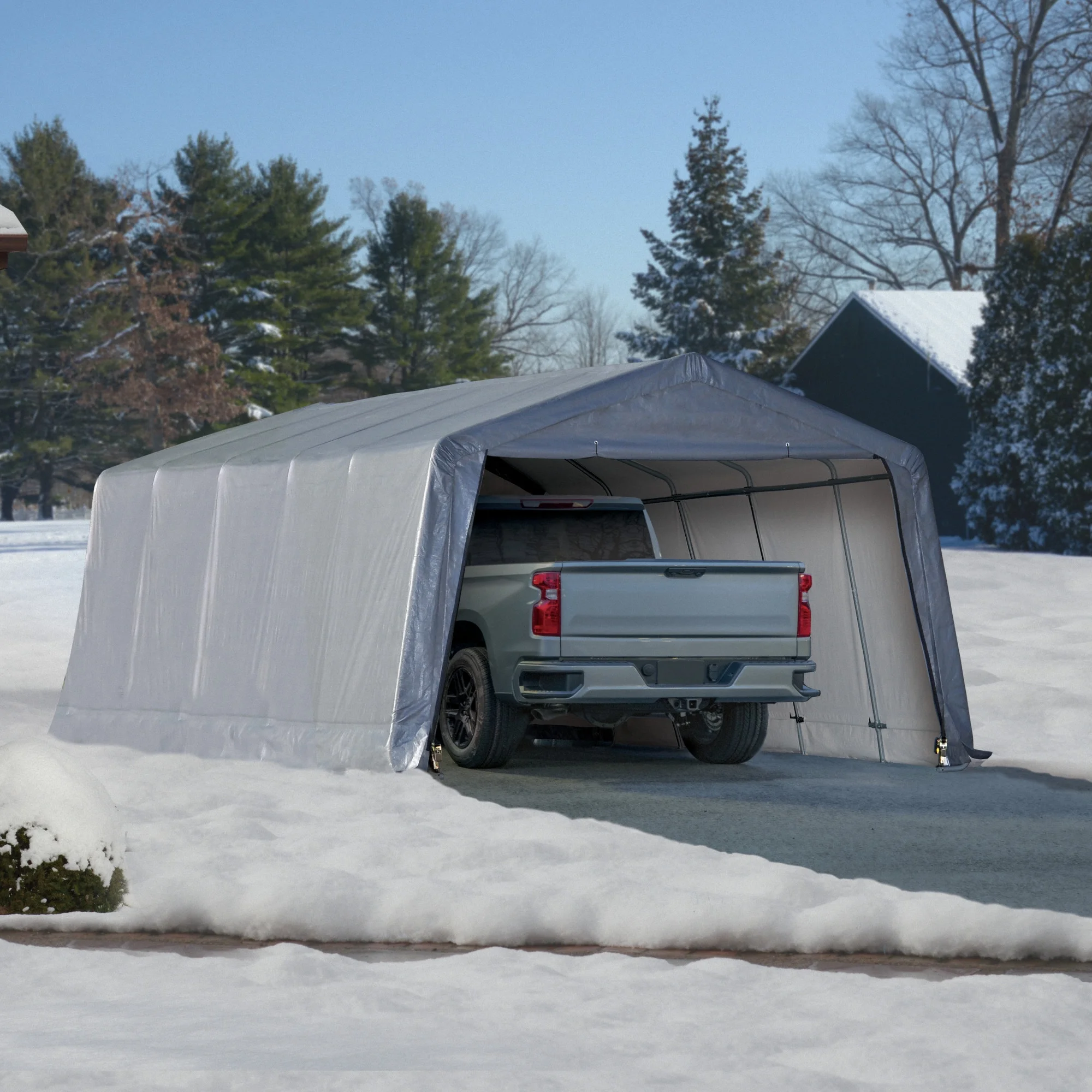 Heavy Duty 12 x 20 ft All-Season Carport Canopy and Portable Garage Shelter with Steel Frame and Waterproof UV Cover and Zippered Roll-Up Doors for Cars, Trucks, and SUVs Grey