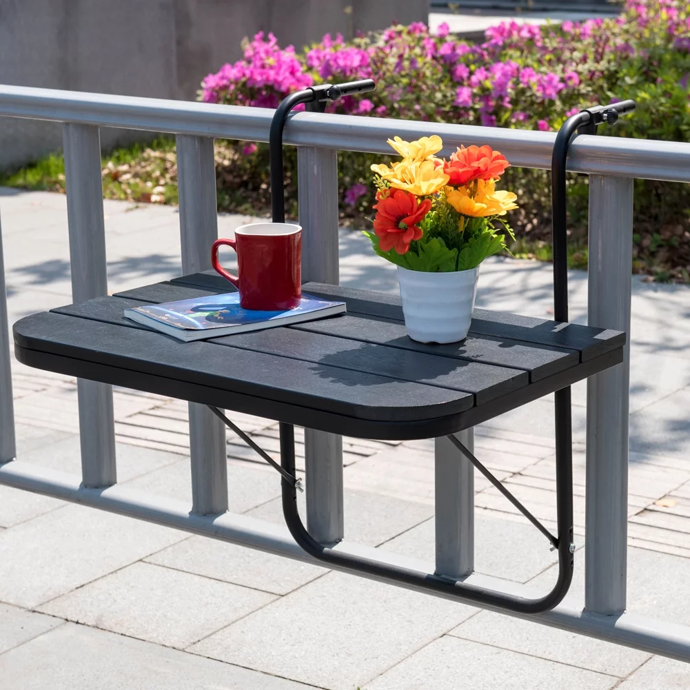Prime Garden Folding Deck Table Adjustable Balcony Hanging Table, Black