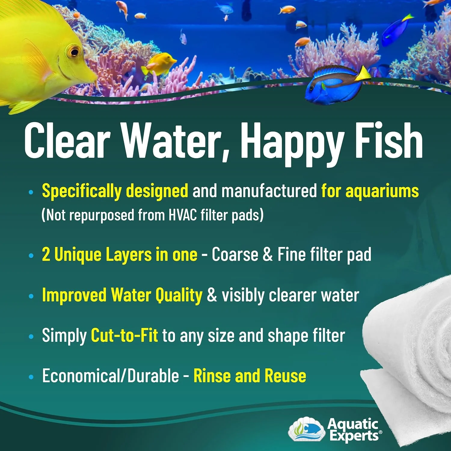 FilterFirst Aquarium Filter Pad Media Roll Crystal Clear Water, 12'' by 72'' by 1/2'' Thick