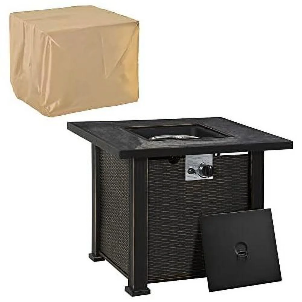 30 Inch Outdoor Propane Gas  Table, 50,000 BTU Auto-Ignition Square Wicker-Effect Gas With Ceramic , Lid, Lava Rocks & Rain Cover, CSA Certification