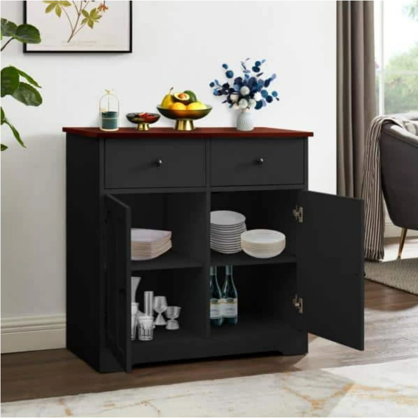 Pouseayar Modern Buffet Storage Cabinets with 2 Drawers and Shelves ,Black