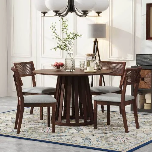 5-Piece Retro Dining Set with 1 Round Dining Table and 4 Upholstered Chairs with Rattan Backrests for Dining Room and Kitchen (Walnut)