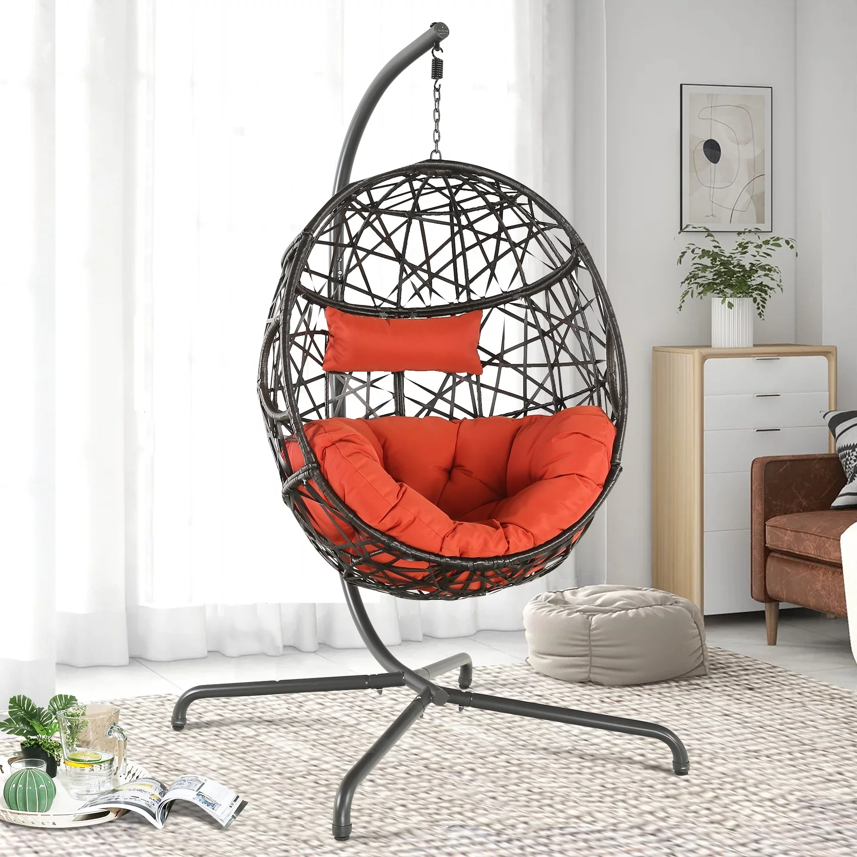 Swing Egg Chair with Stand and Cushion for Indoor Outdoor Use Blue