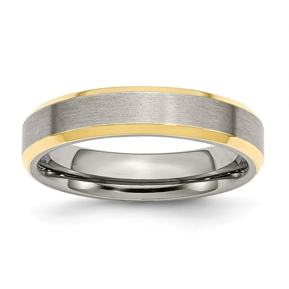 Stainless Steel Beveled Edge 5mm Brushed/Polished Yellow IP-plated Band Size: 8; for Adults and Teens; for Women and Men