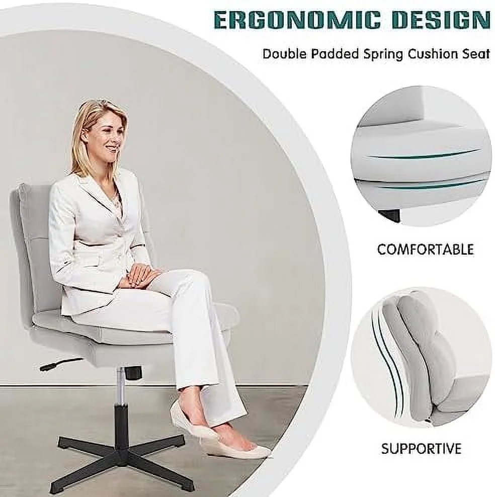 TJUNBOLIFE Armless Home Office Desk Chair No Wheels  Modern Double Padded Ergonomic Vanity Chair  Mid-Back Height Adjustable Cushioned Swivel Task Chairs  Wide Seat (Creamy White)