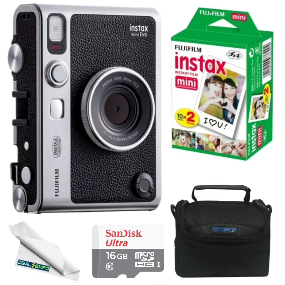 Fujifilm Instax Mini EVO Hybrid Black Instant Camera - DealExpo Bundle | Instax Mini Twin Pack Instant Film | 16GB microSD Card with Adapter | Black Camera Case