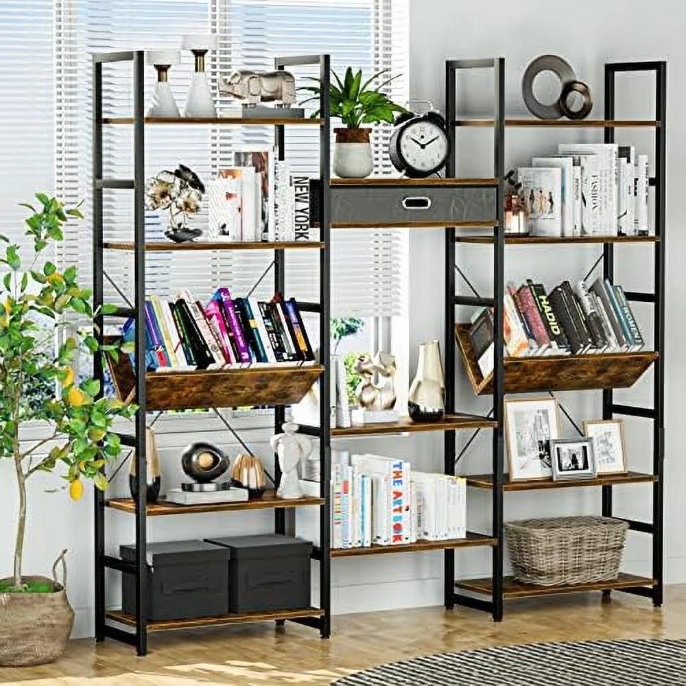 GEROBOOM Triple Wide 6 Tier Bookshelf  Adjustable Rustic Industrial Style Book Shelves  Modern  and Bookshelves  for Bedroom  Living Room and Home Office  Vintage Brown
