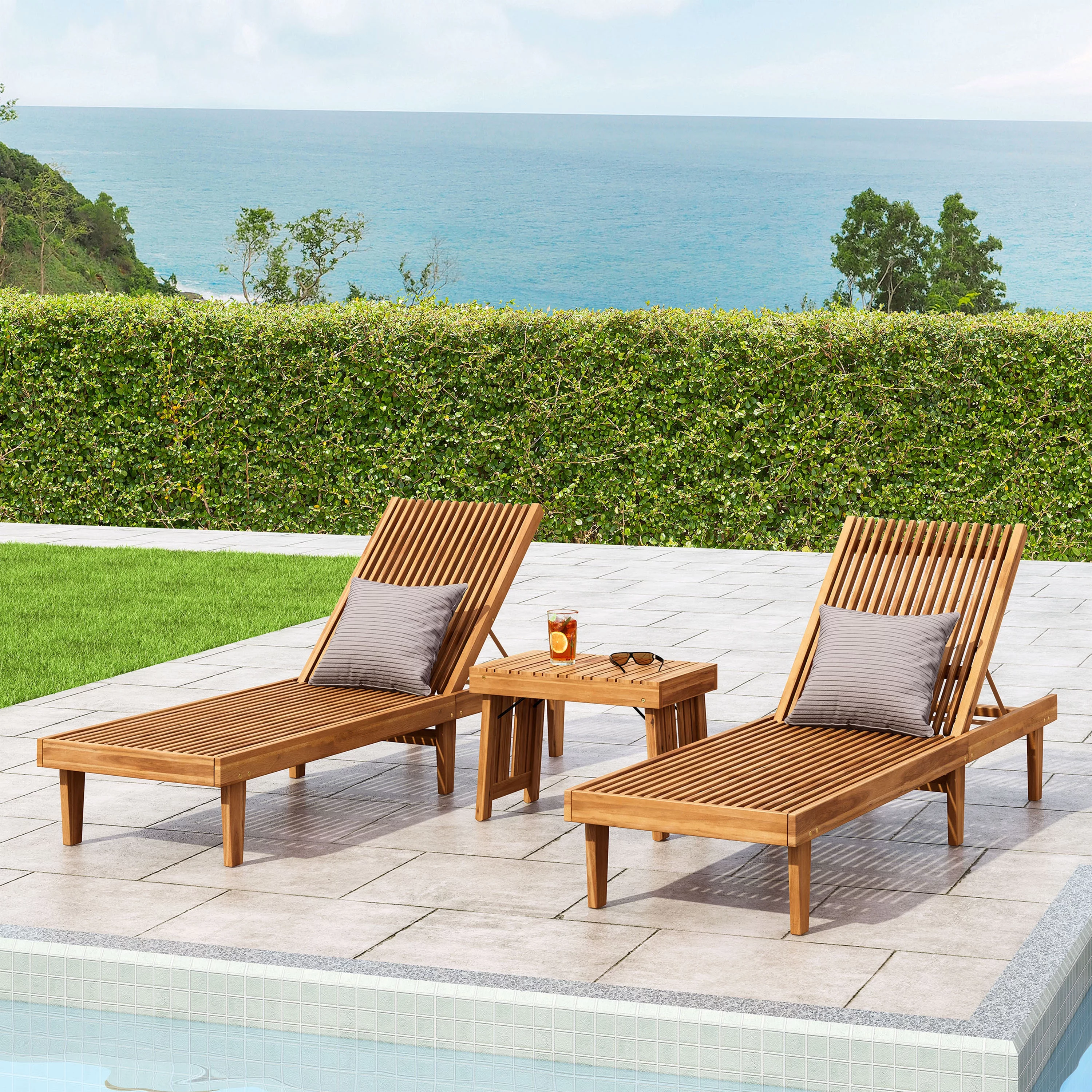 Noble House Nadine Outdoor Acacia Wood 3-Pc Chaise Lounge Set Teak