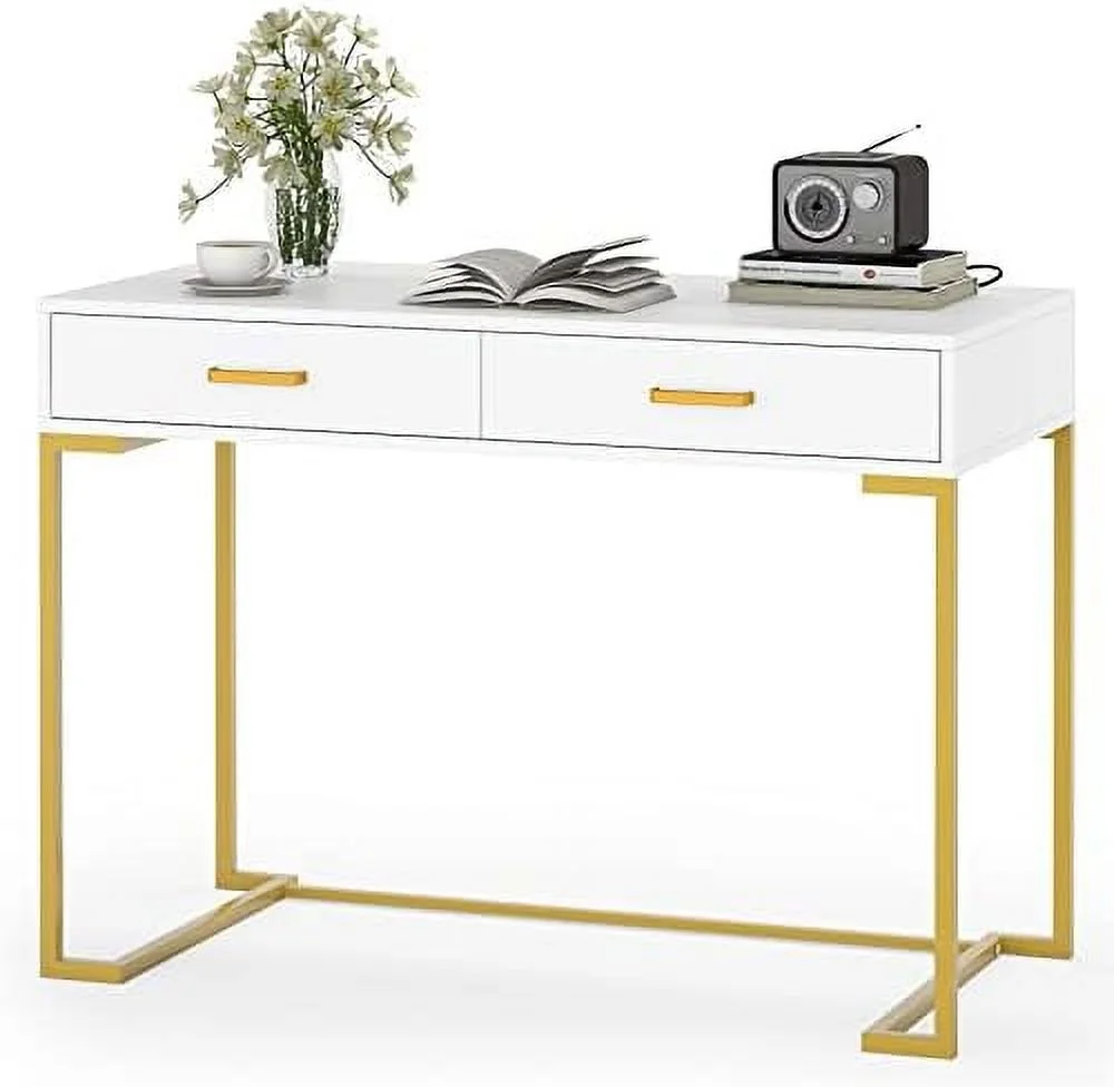 TJCGDTY Computer Desk with 2 Drawers  41.34\u201D Modern Simple White and Gold Writing Desk with  Drawers   Vanity Console Table Study Desk for Home Office