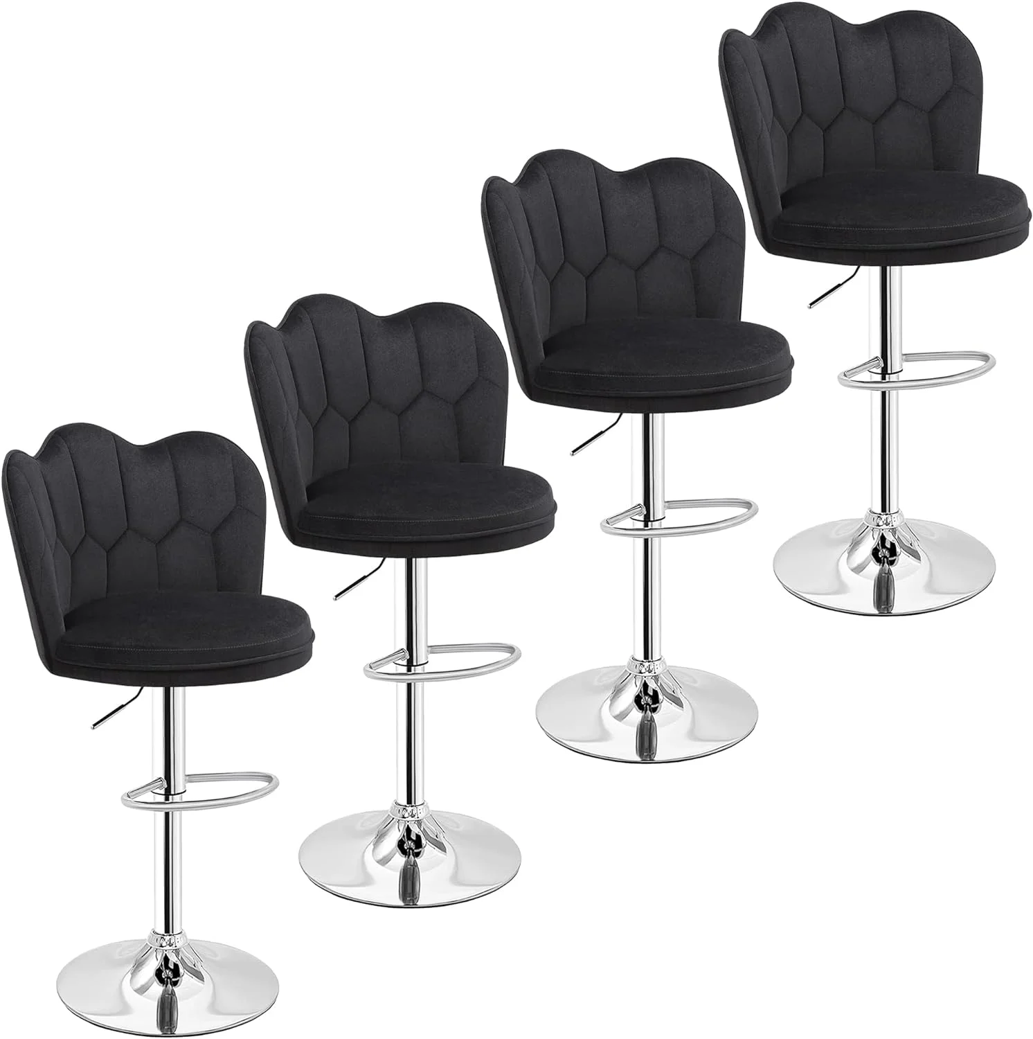 VECELO Bar Stools Set of 4, Modern Velvet Adjustable Barstools with Petal Backs and Footrest, Counter Height Swivel Stool Chairs for Home Bar/Kitchen/Dining Bar, Black
