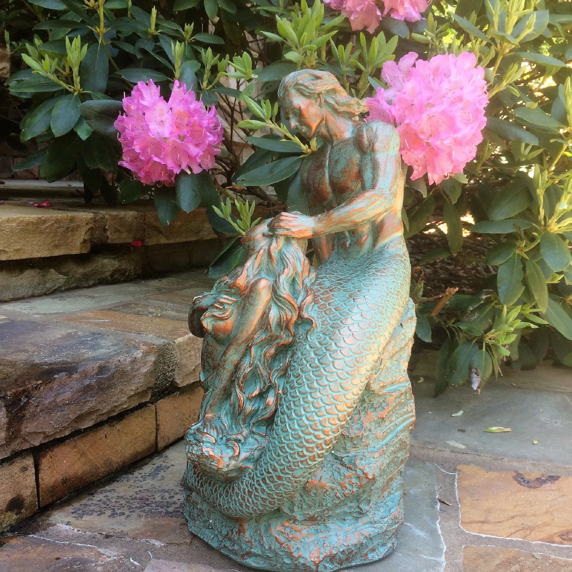 Homestyles 18 in. Sexy Merman & Mermaid on the Oceans Rock in Bronze Patina Finish Nautical Garden Beach Statue