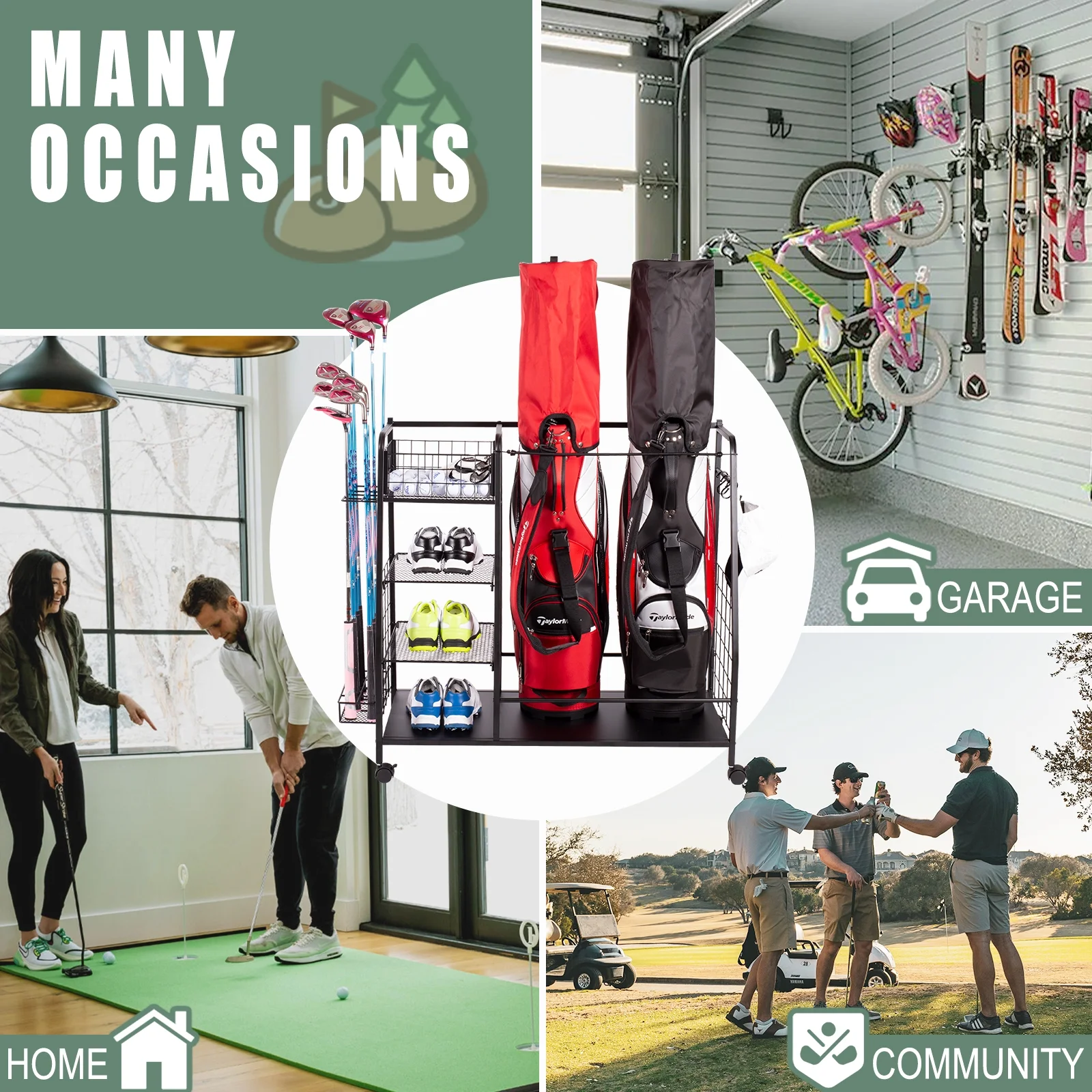 Golf Storage Rack - Garage Organizer with Side Golf Clubs Holder - Extra Large Golf Bag Stand for 2 Golf Bags - Golf Accessories Organizer with Wheels and Leveling Feet - Easy Assemble
