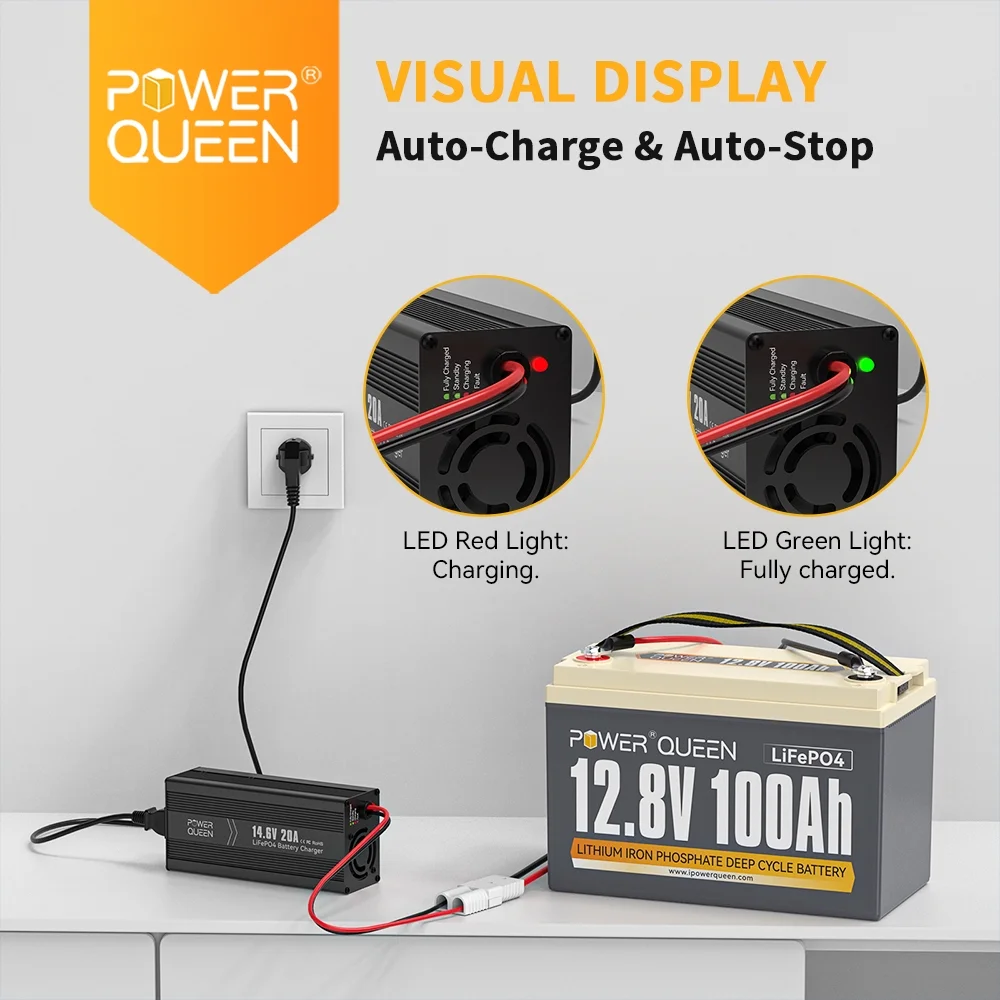 Power Queen 12V 100Ah LiFePO4 Lithium Battery with 14.6V 20A Charger for Solar,RV, Trailer