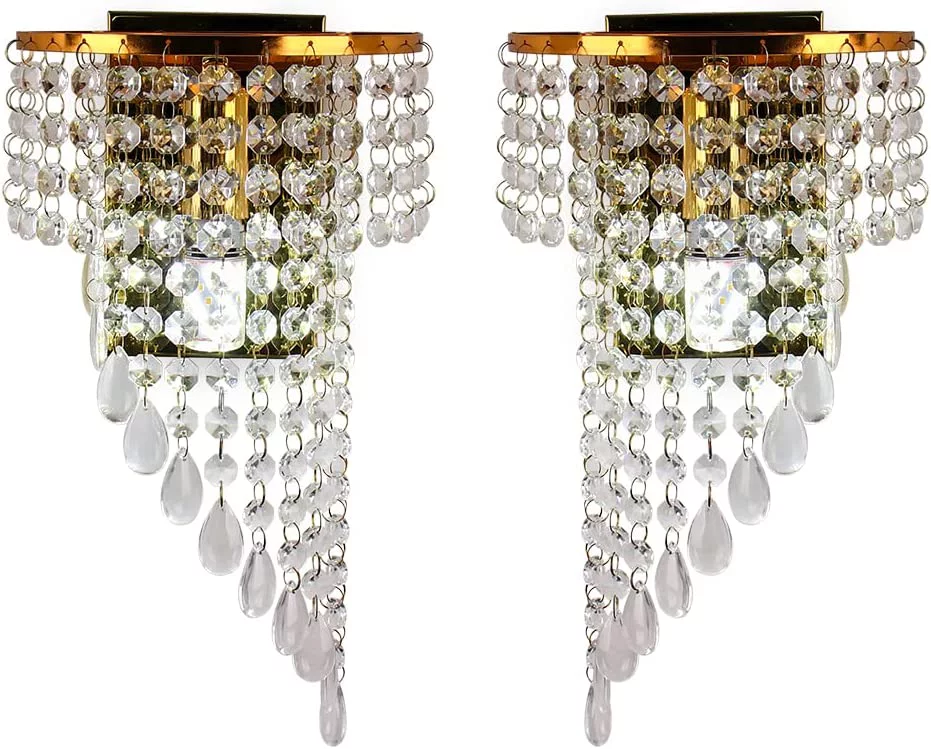 FRIXCHUR Modern Crystal Raindrop Wall Lights 2 Pack Led Wall Light Sconce Fixture Crystal(Gold)