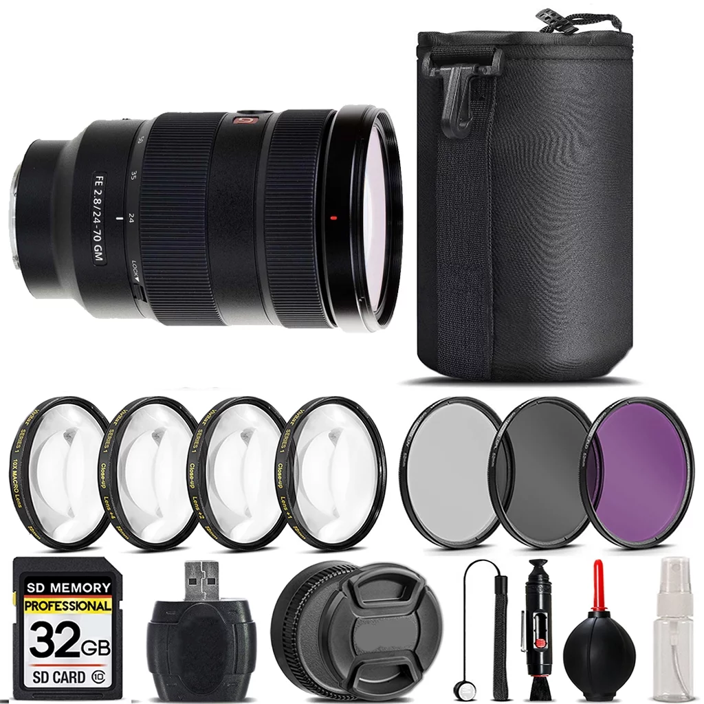 Sony FE 24-70mm f/2.8 GM Lens + 4PC Macro Kit + UV, CPL, FLD Filter - 32GB Kit