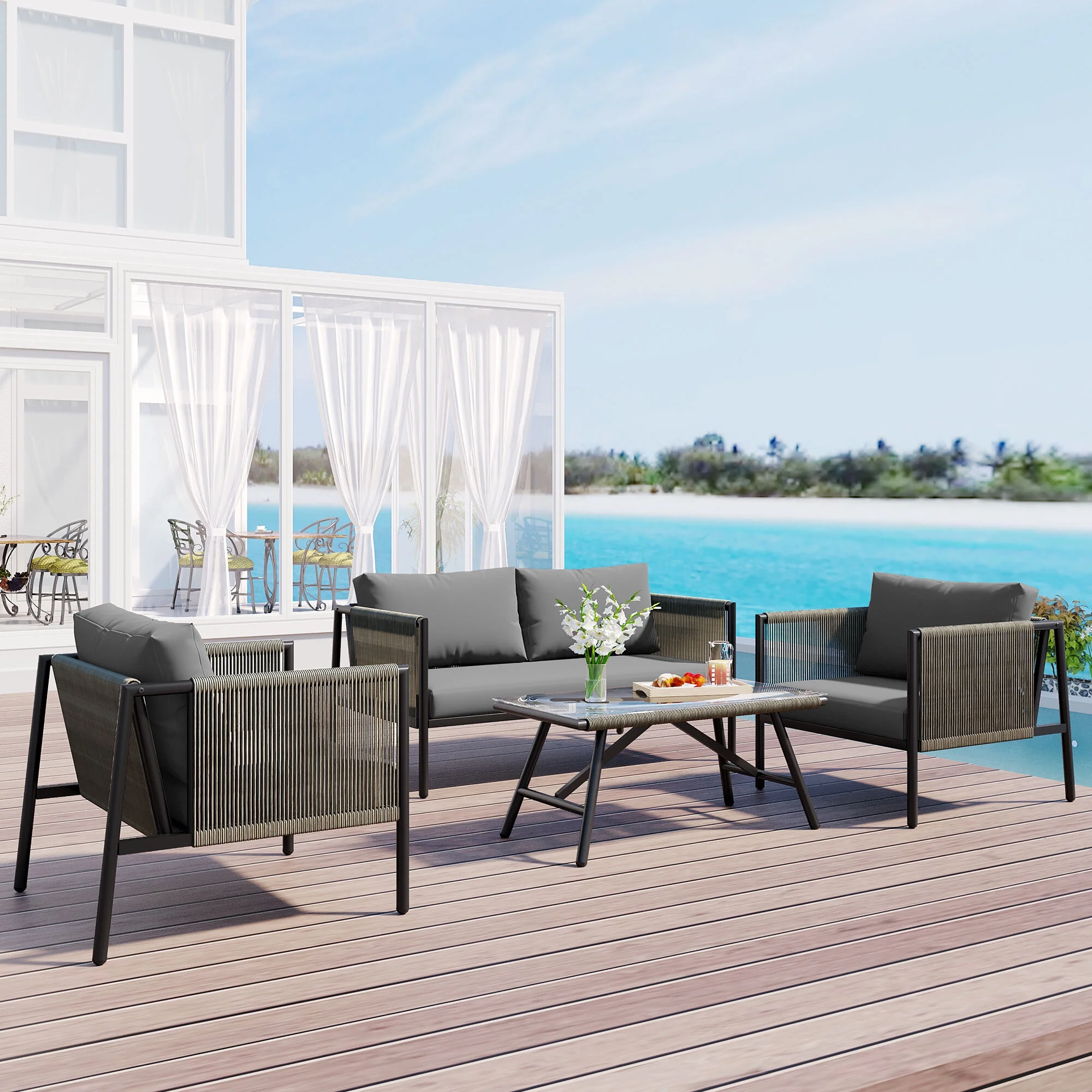 EUROCO 4-Piece Rope Patio Sofa Set, All-Weather Outdoor Furniture Set with Thick Cushions, Toughened Glass Table and Loveseat For 4 Person, Gray